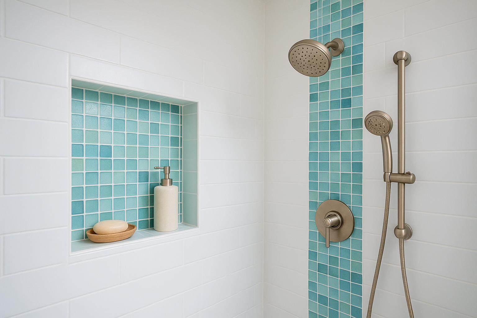4. Sea glass tile accents in the shower and niche