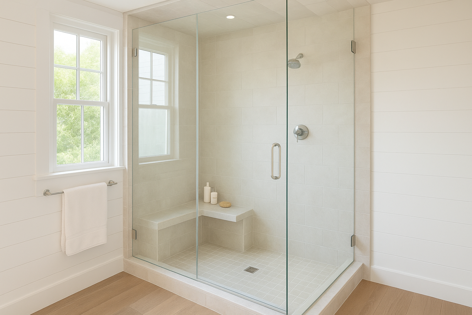 12. A glass shower with a bench and clean sightlines