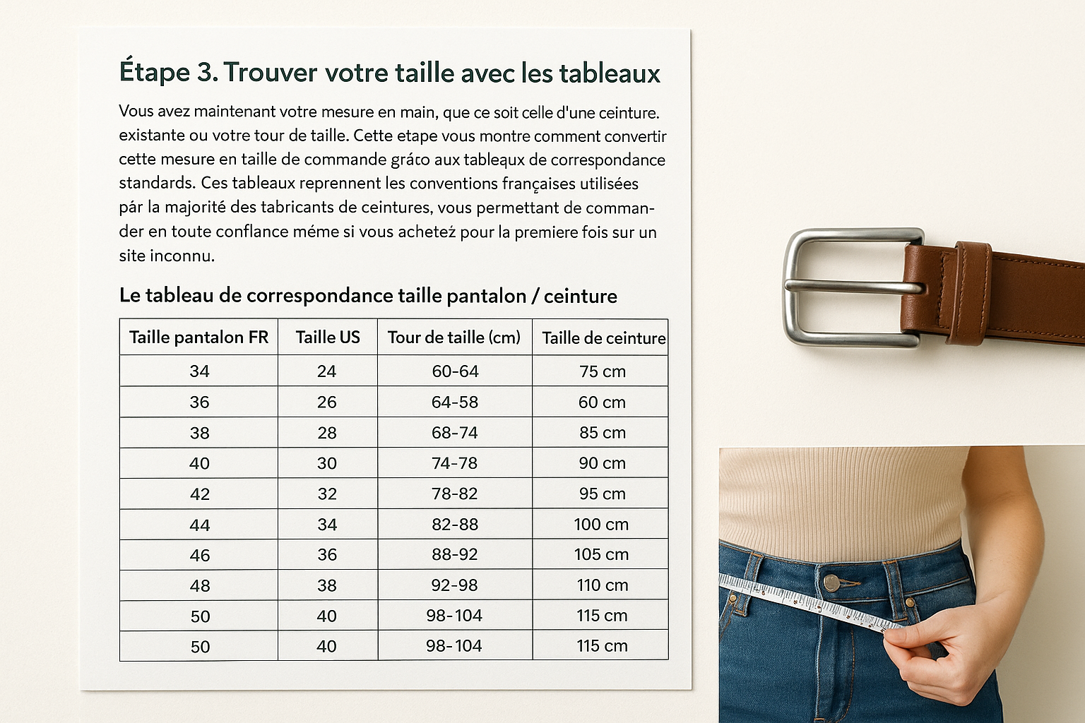 Le tableau de correspondance taille pantalon / ceinture