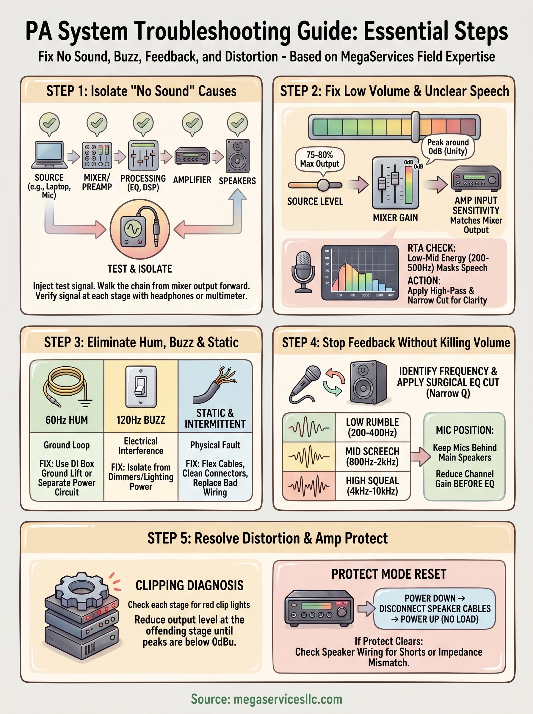 pa system troubleshooting guide infographic