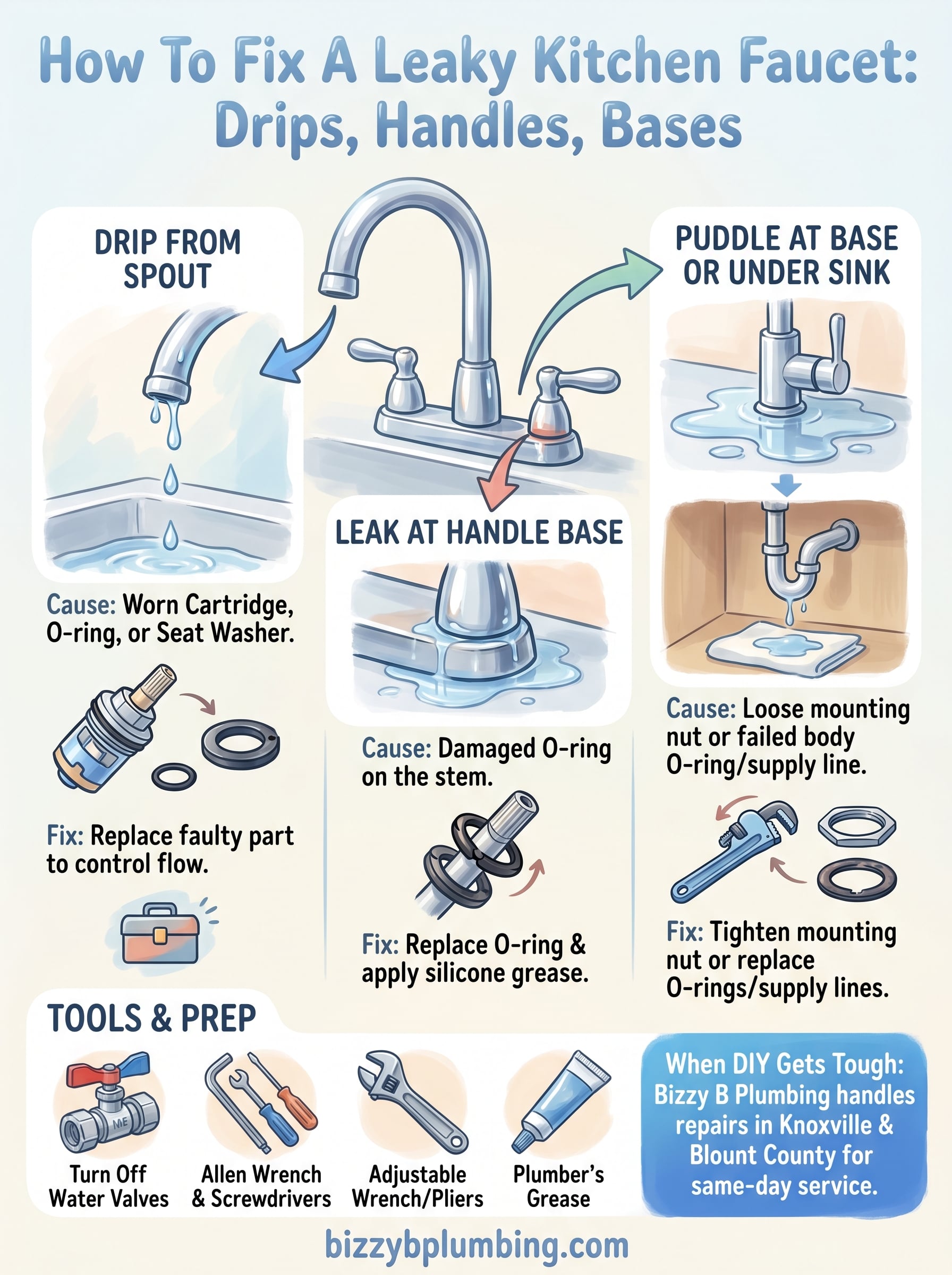 how to fix a leaky kitchen faucet infographic