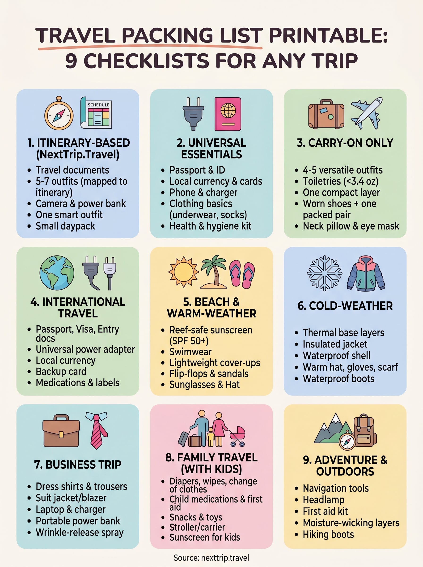 travel packing list printable infographic