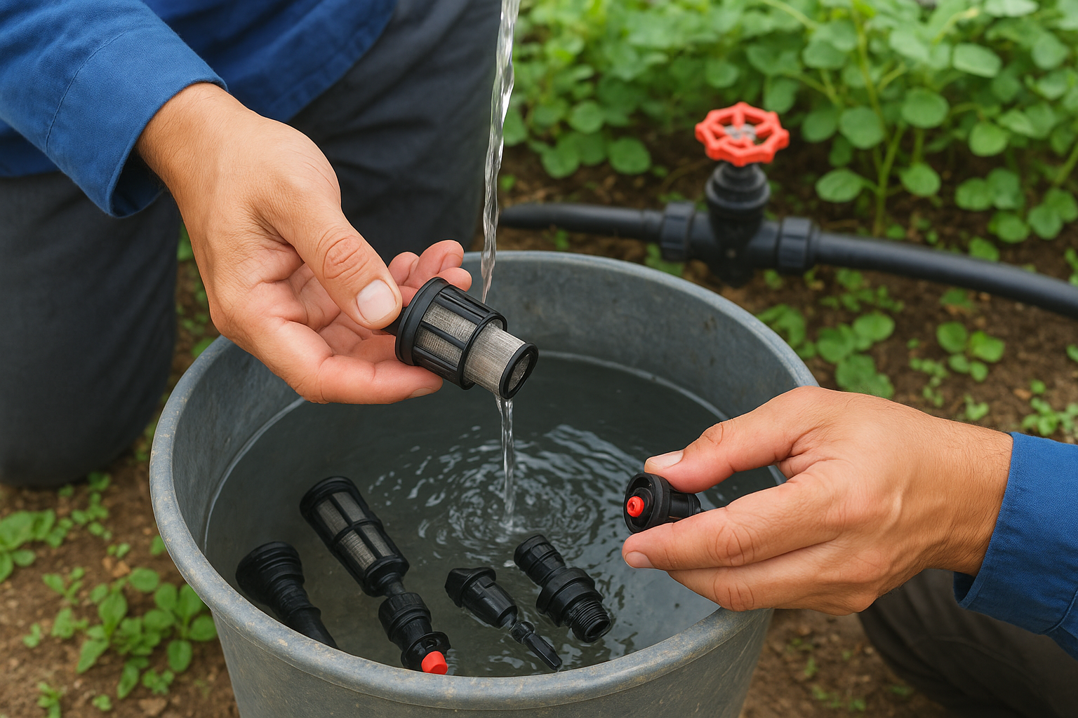Clean filters, screens, and drip emitters