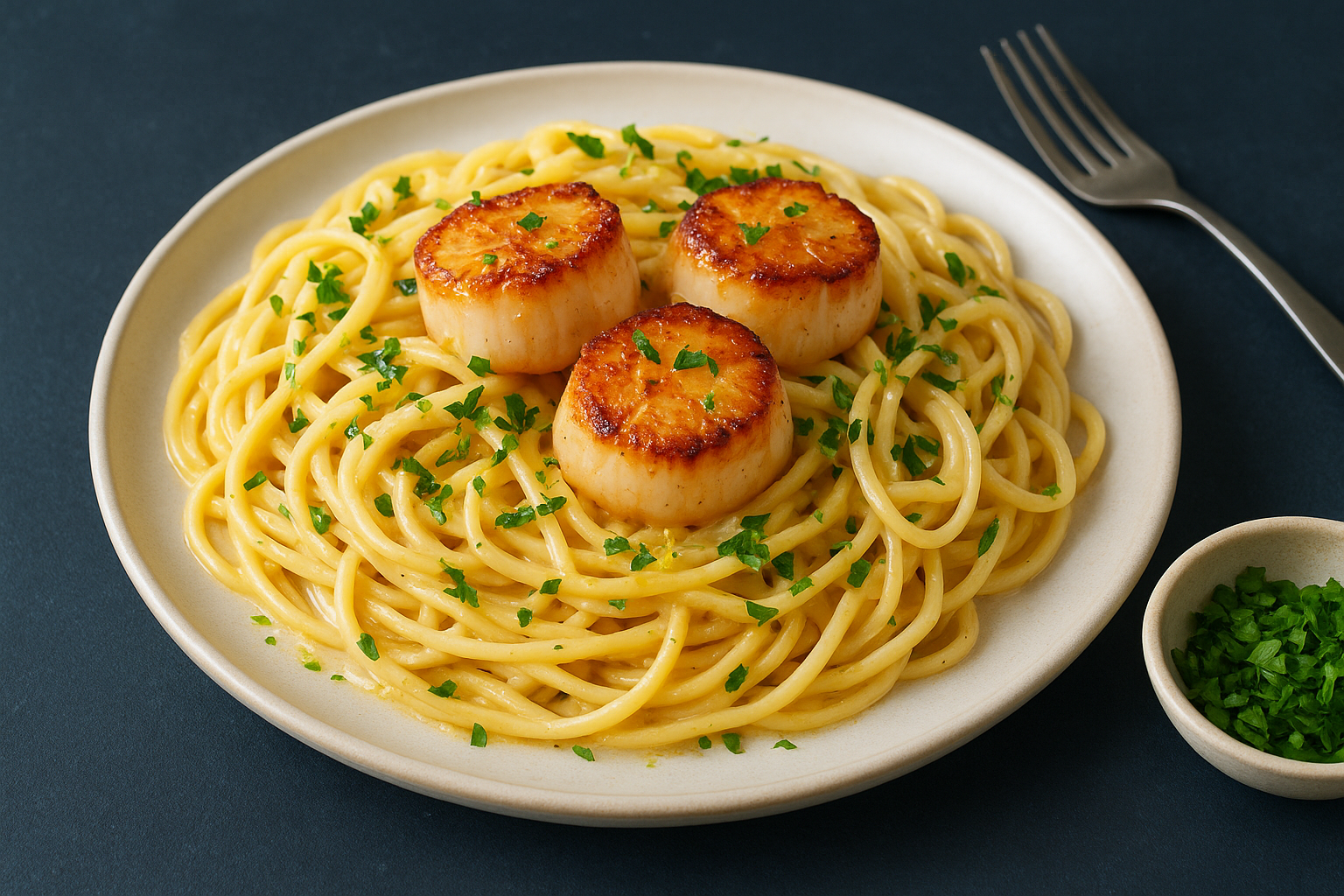 Return scallops and plate immediately