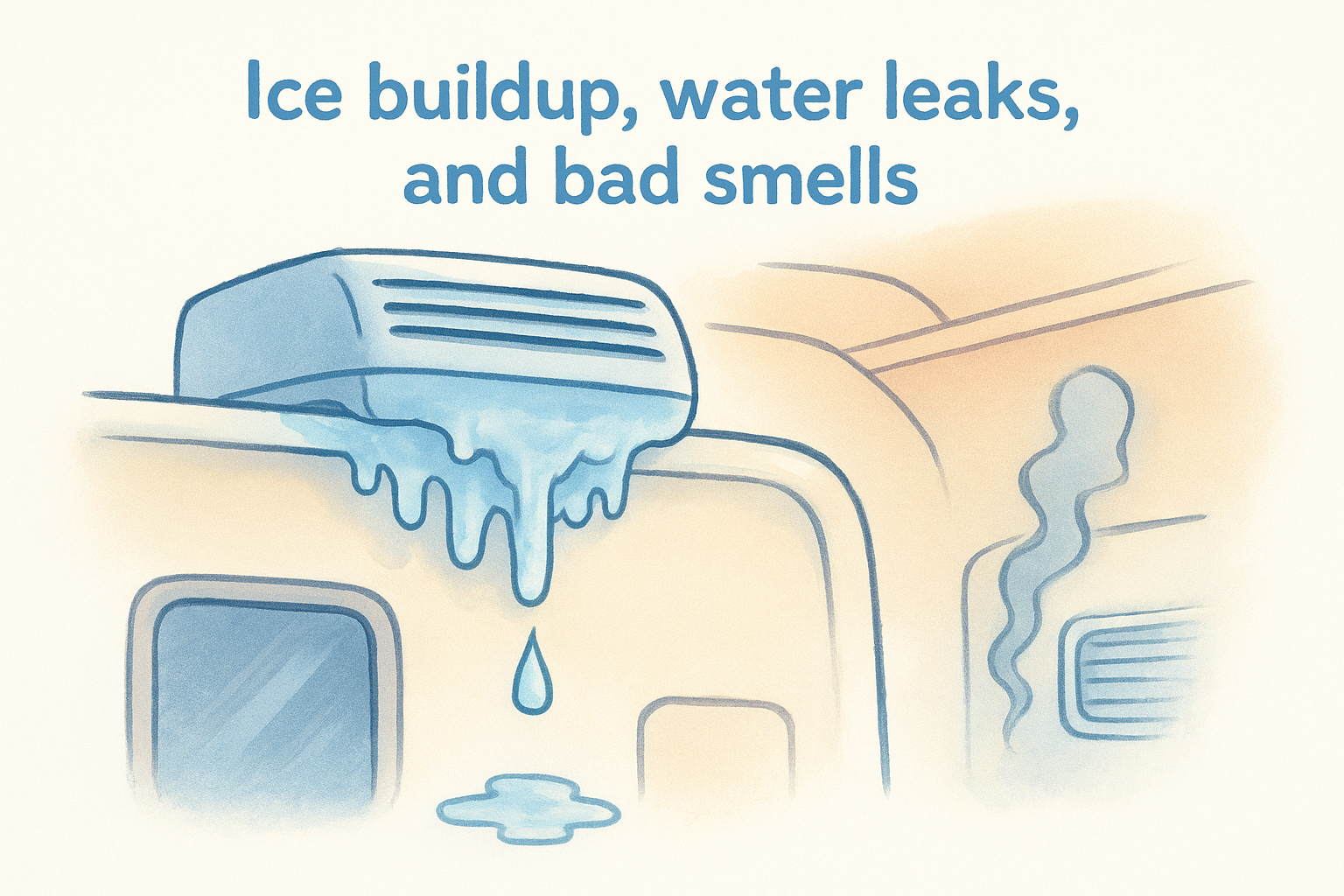 Ice buildup, water leaks, and bad smells