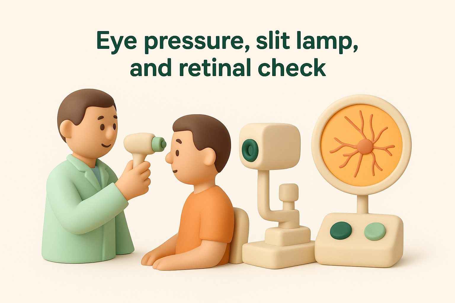 Eye pressure, slit lamp, and retinal check