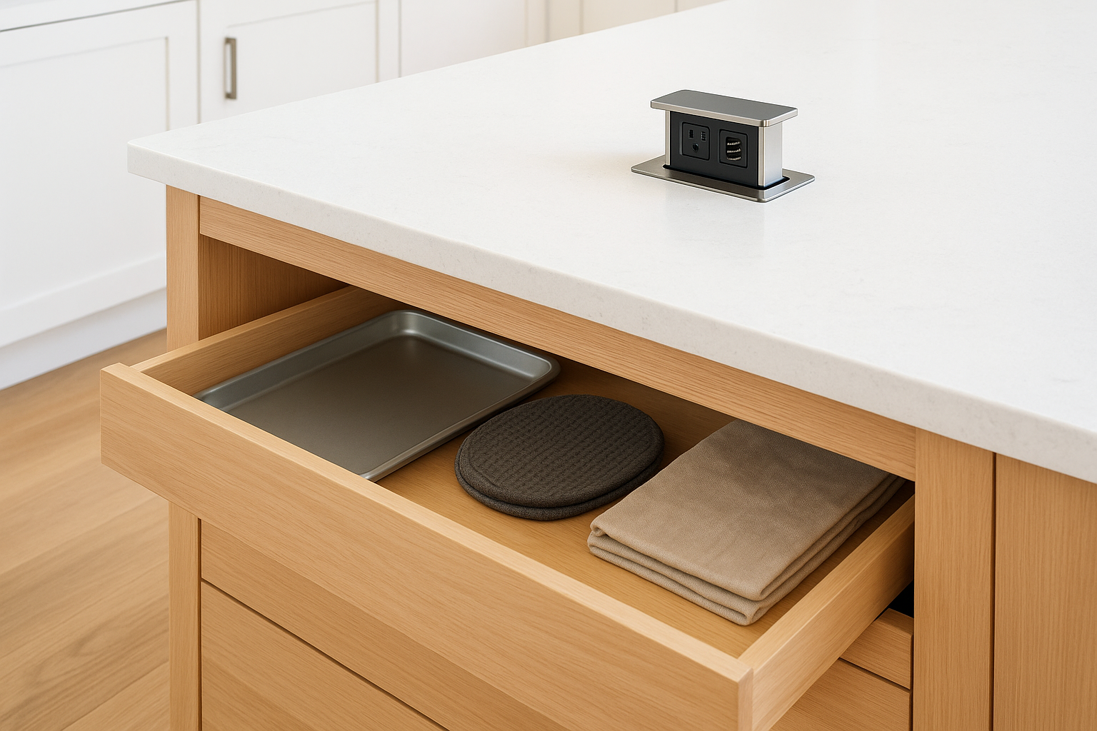 6. Hidden toe-kick drawers and pop-up outlets