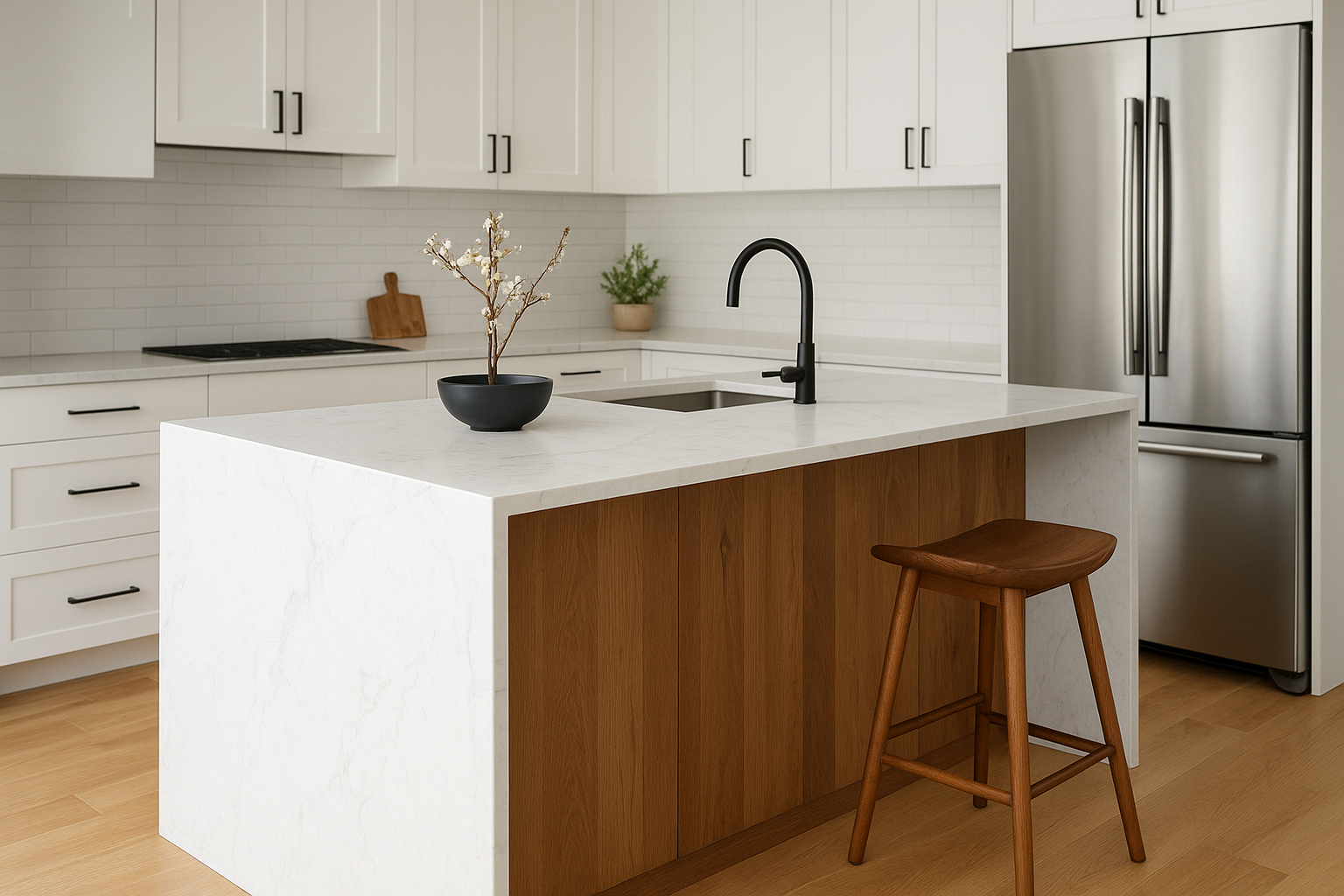 2. Contrasting wood island with a waterfall top