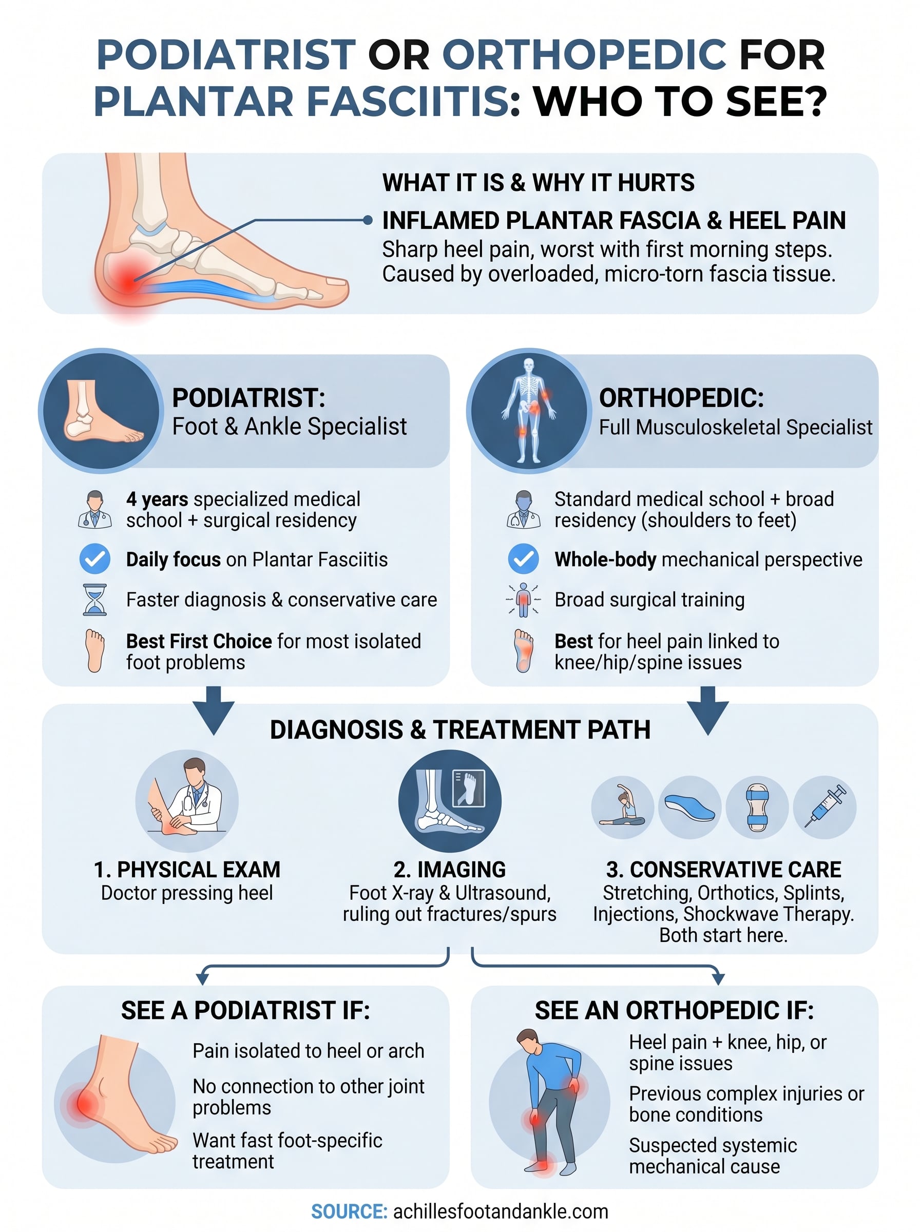 podiatrist or orthopedic for plantar fasciitis infographic
