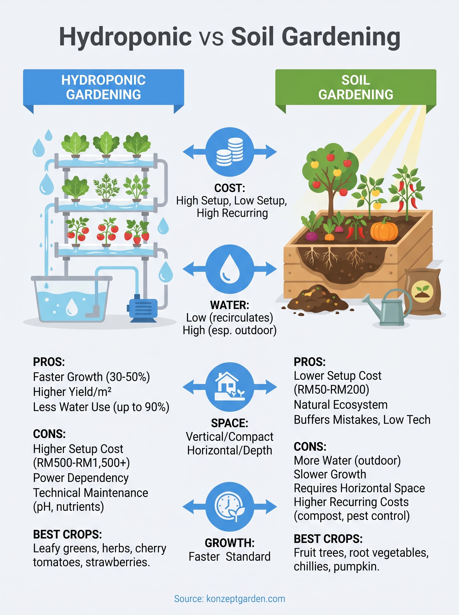 hydroponic vs soil gardening infographic