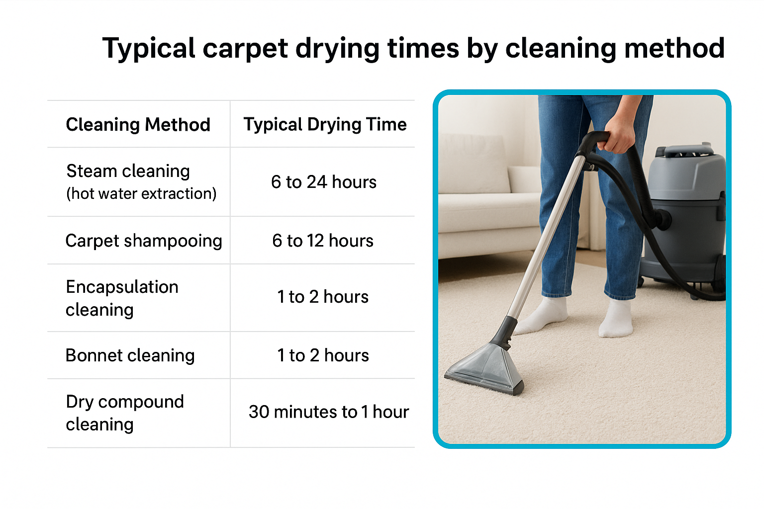 Typical carpet drying times by cleaning method