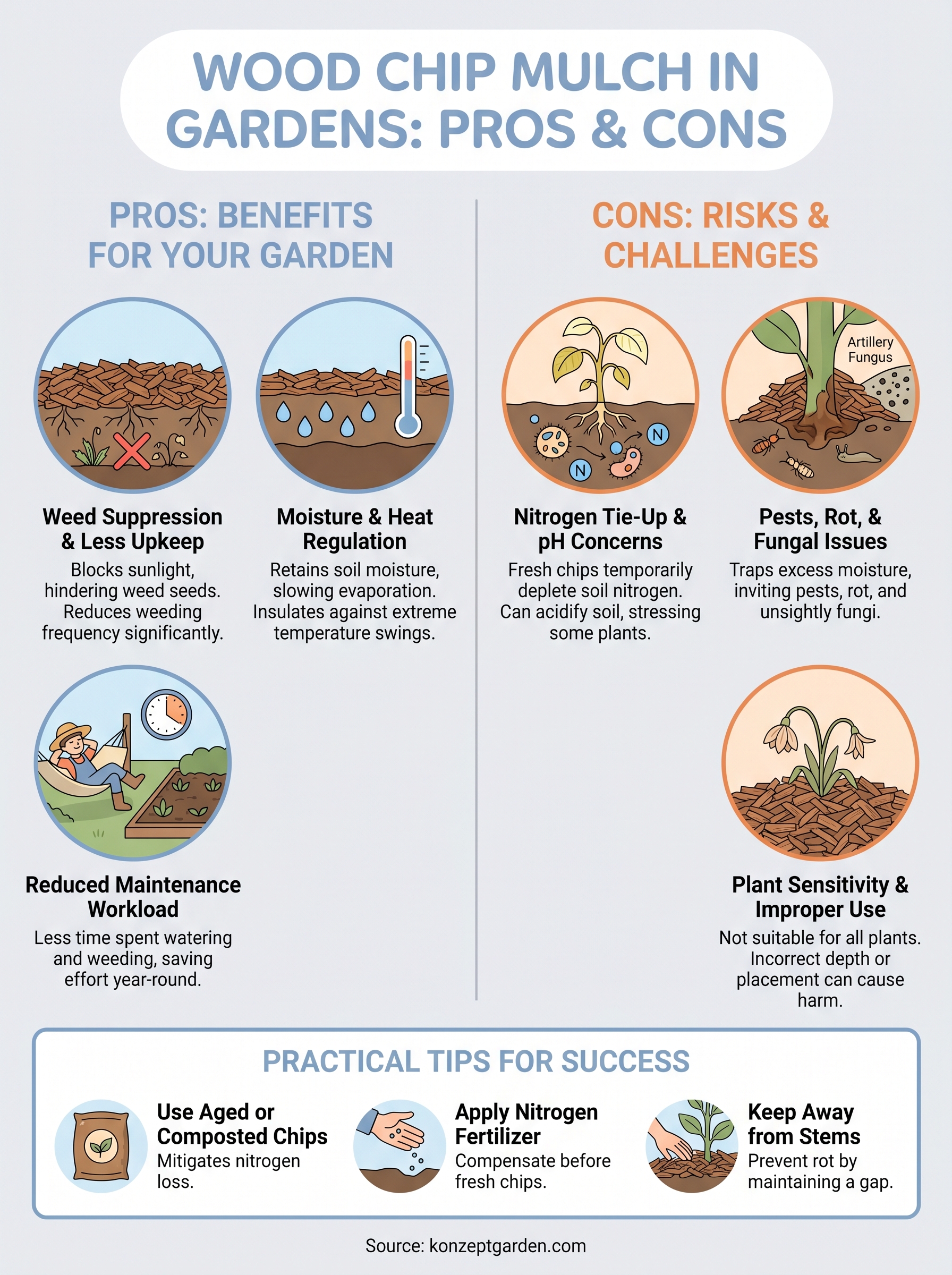 wood chip mulch pros and cons infographic
