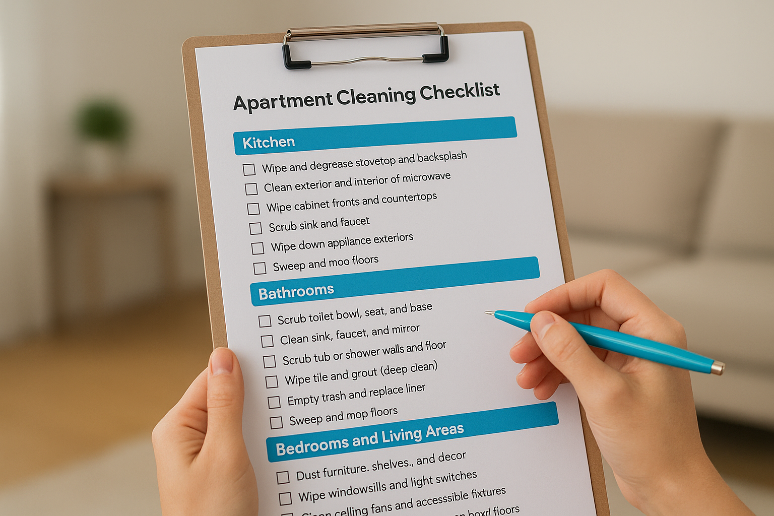 Apartment cleaning checklist by room