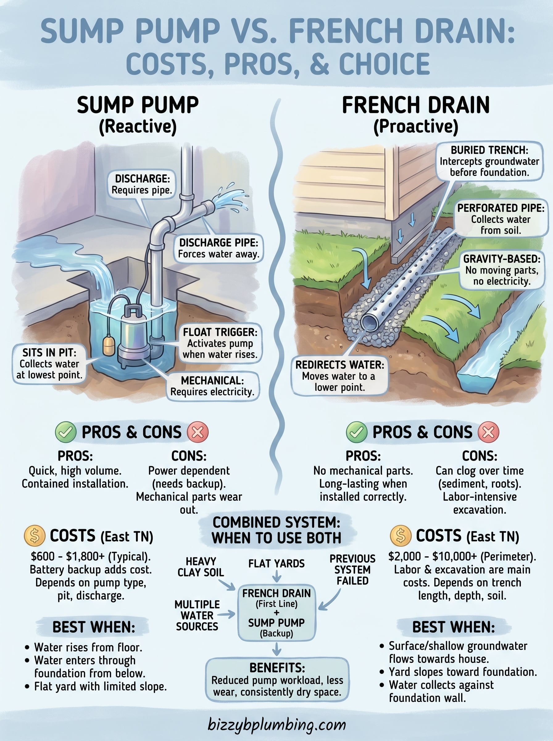 sump pump vs french drain infographic