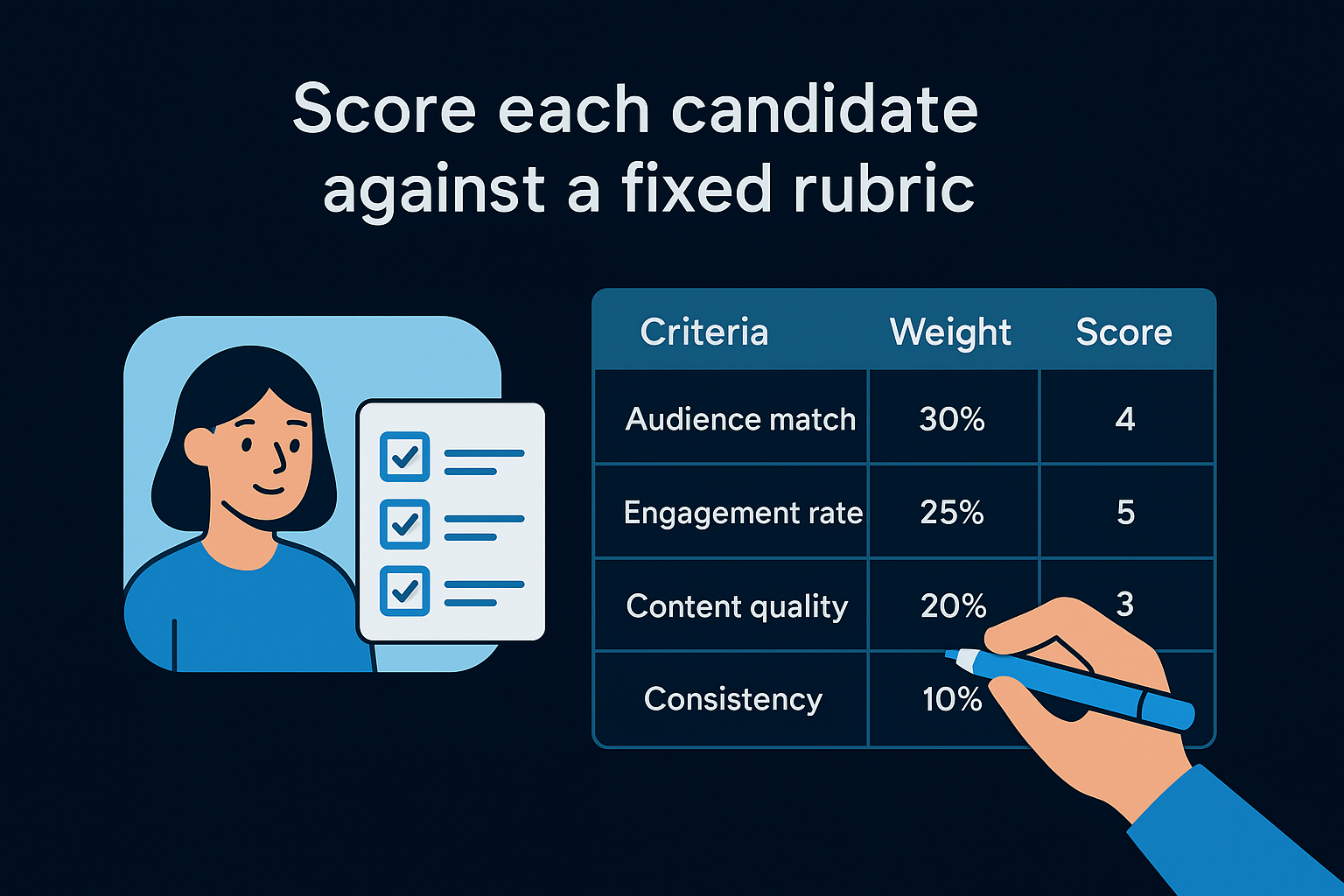 Score each candidate against a fixed rubric