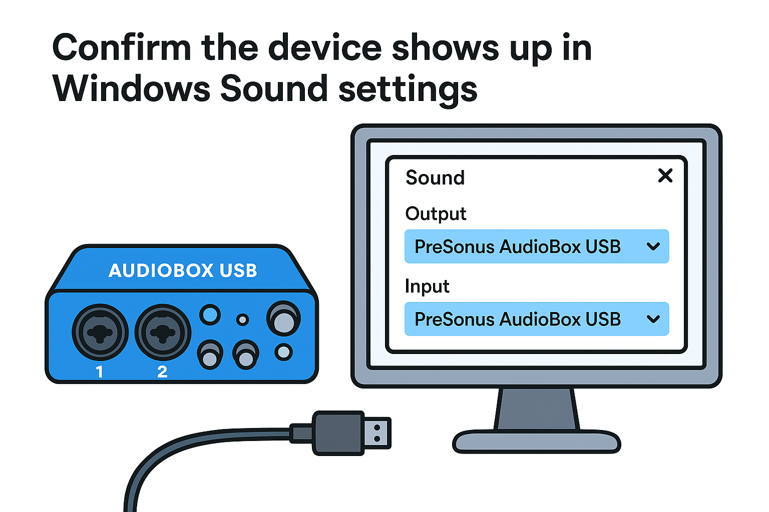 Confirm the device shows up in Windows Sound settings