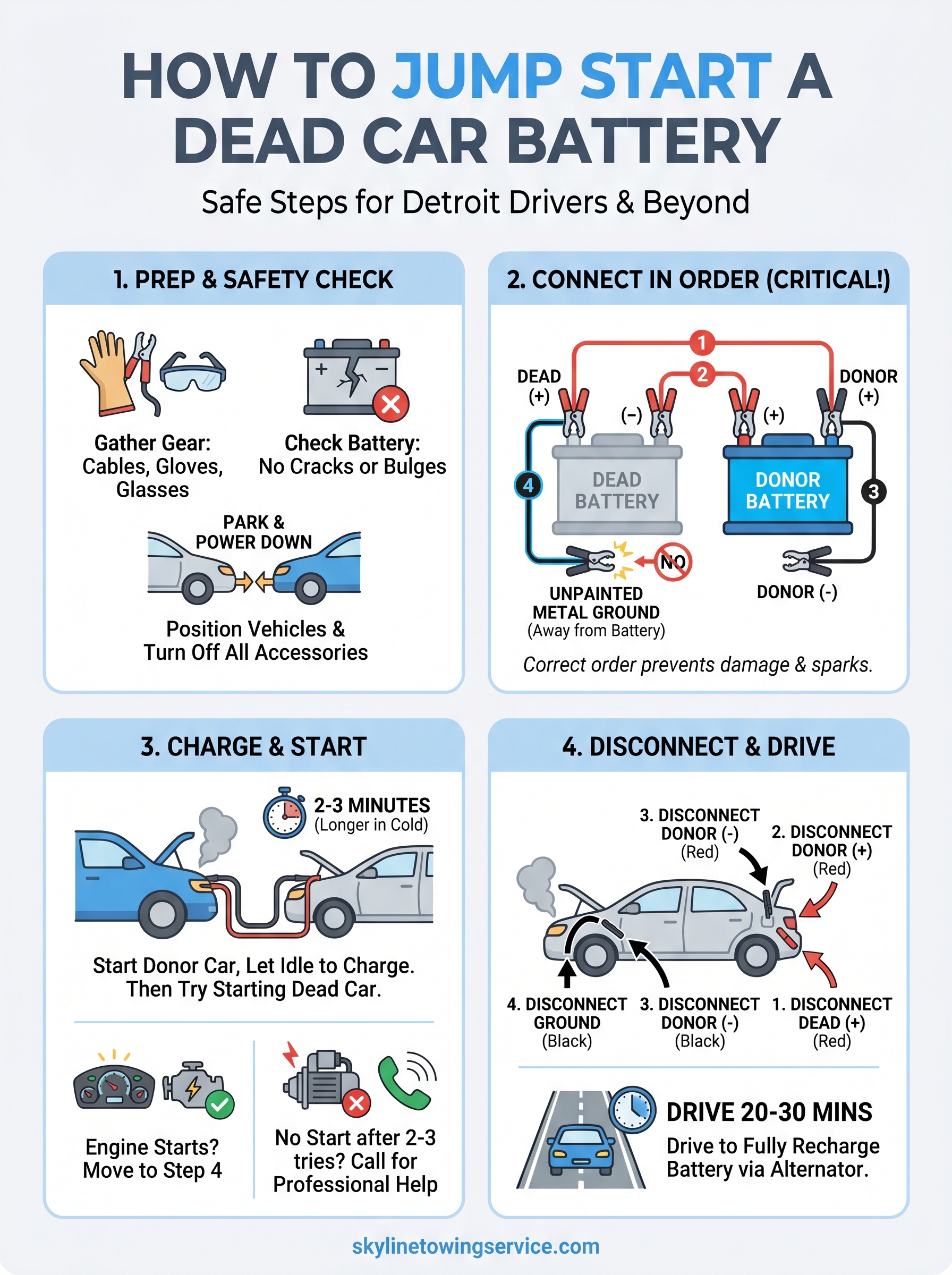 how to jump start a dead car battery infographic