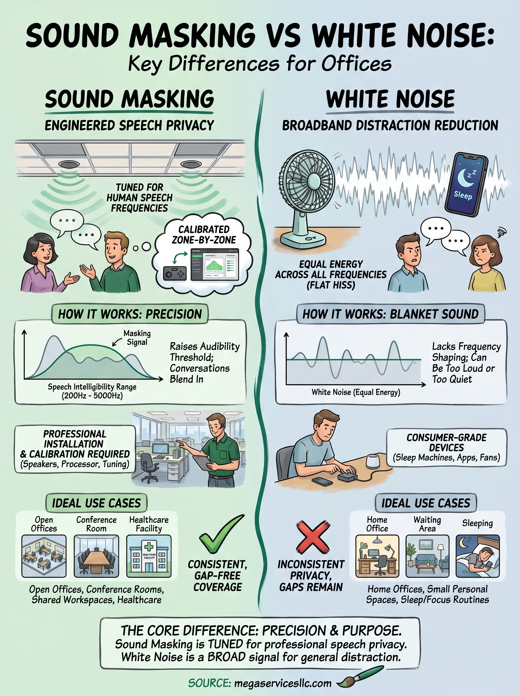 sound masking vs white noise infographic