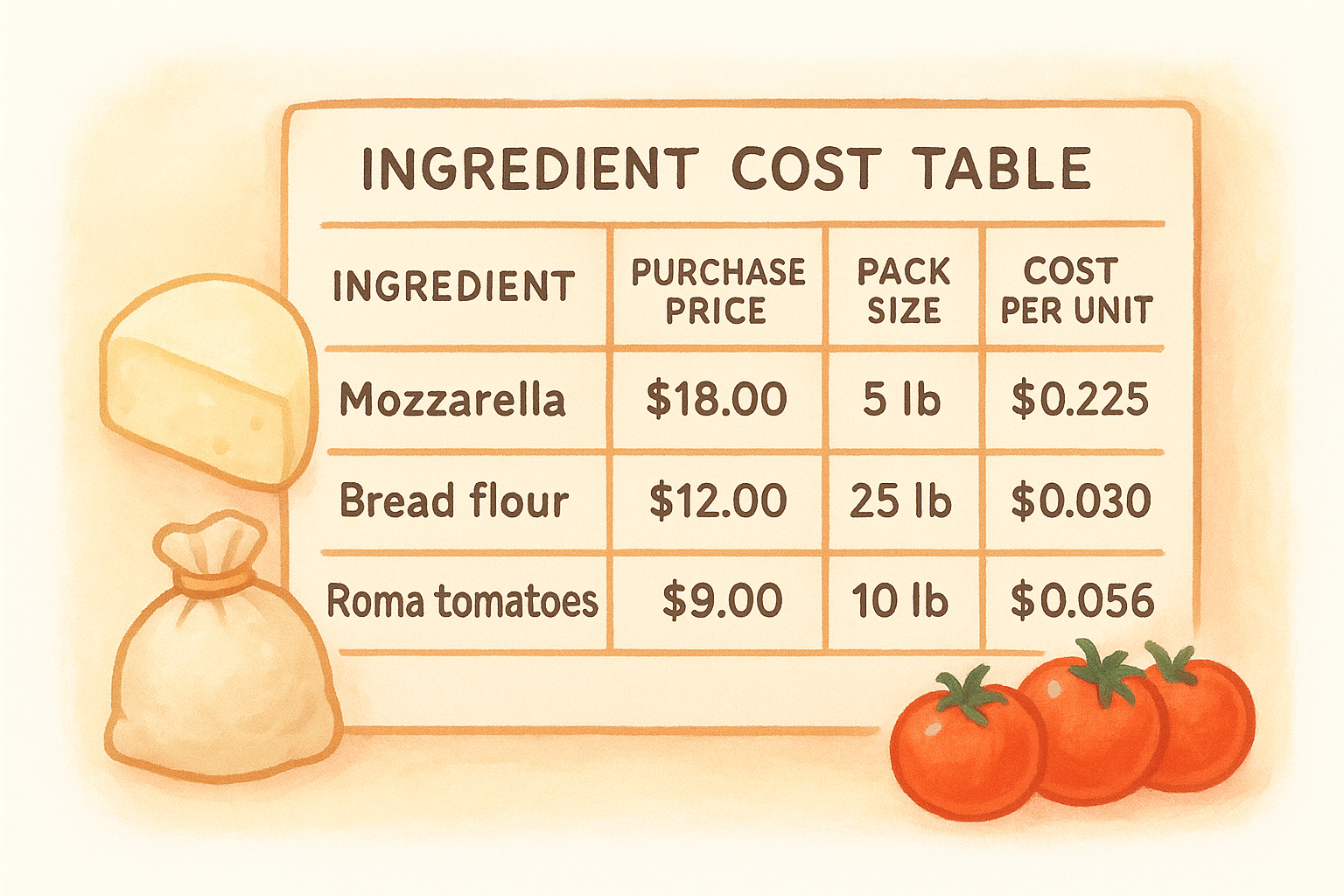 The ingredient cost table