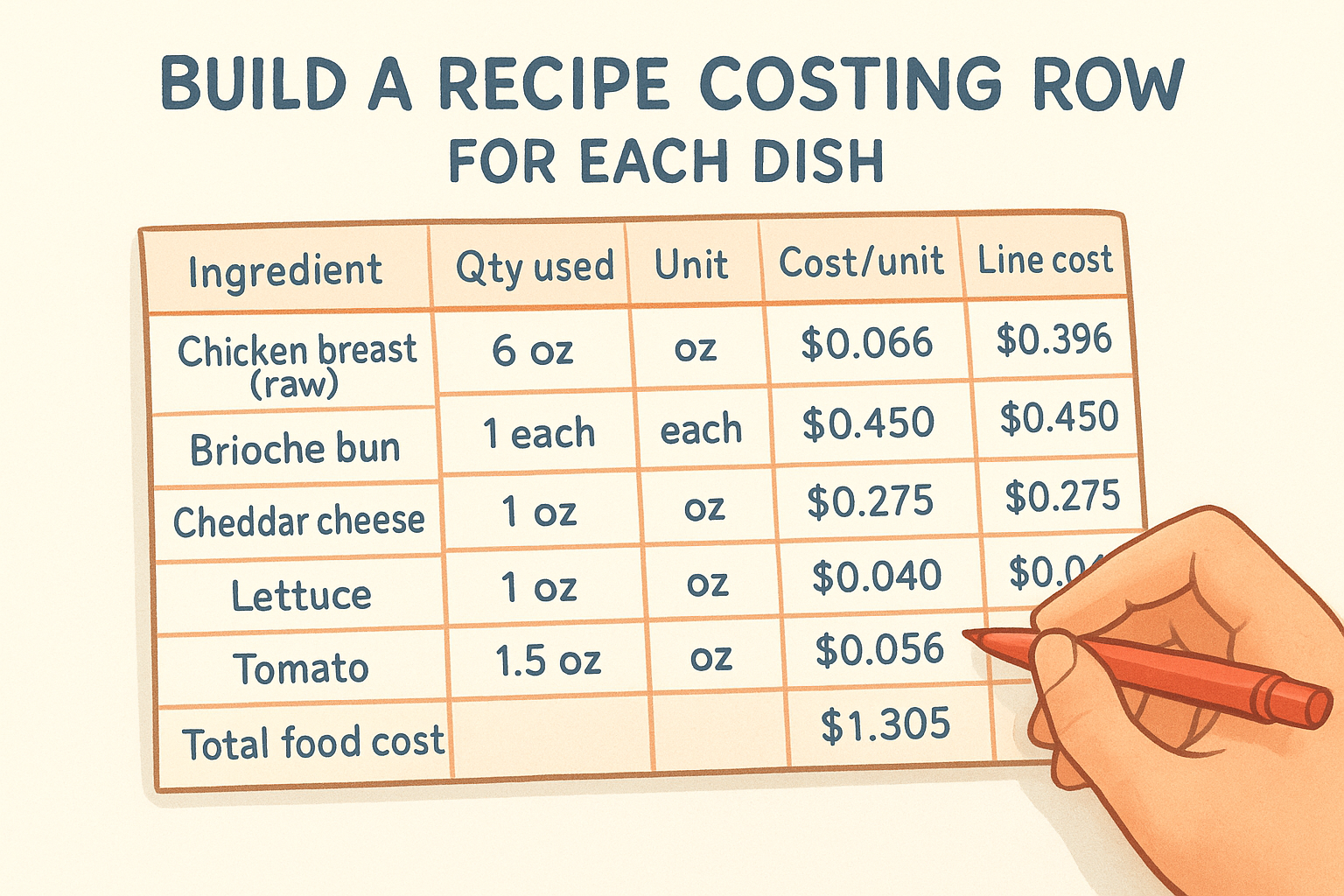 Build a recipe costing row for each dish