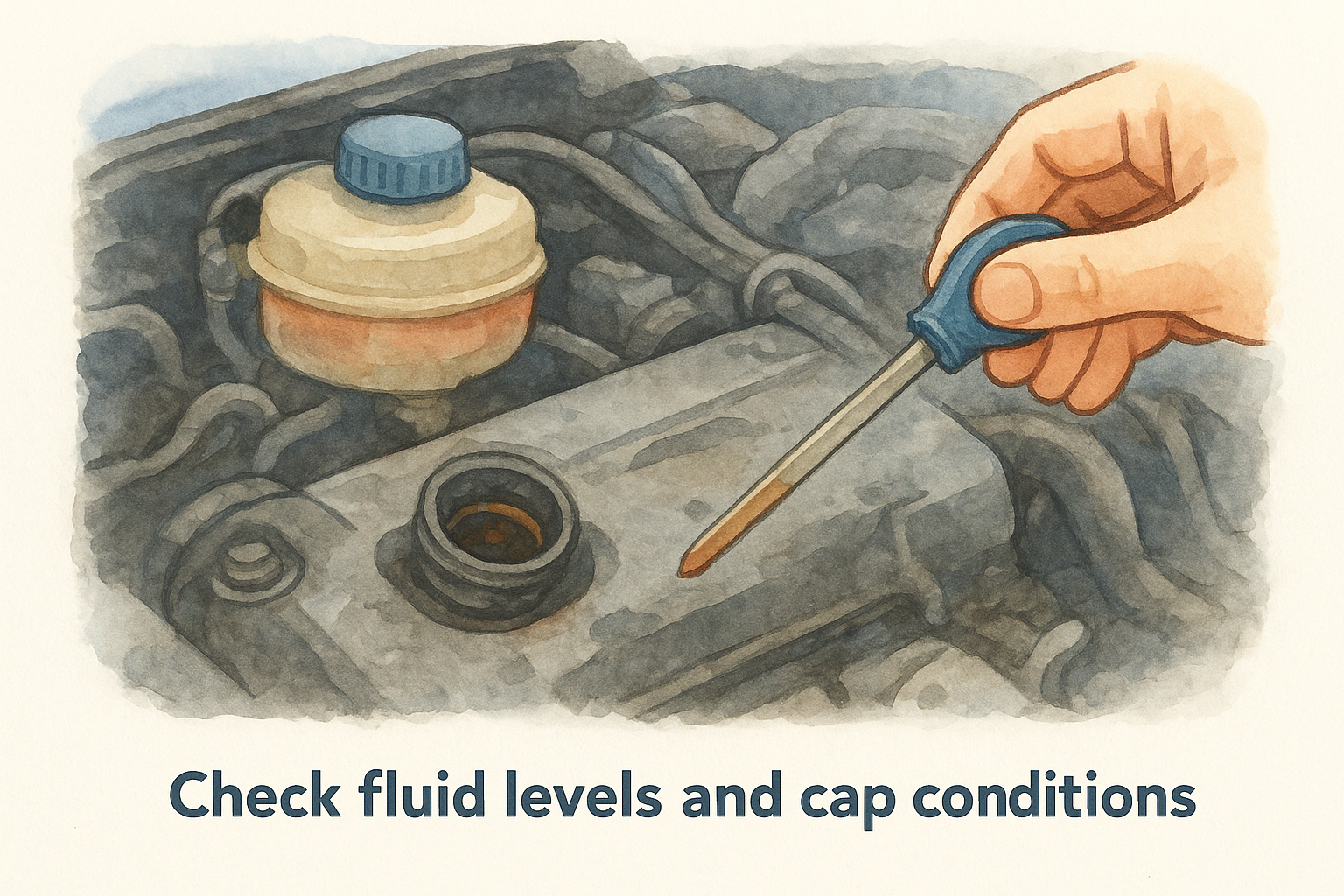 Check fluid levels and cap conditions