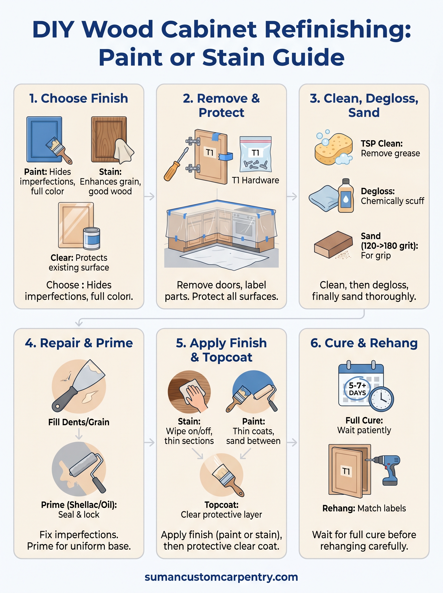 how to refinish wood cabinets infographic