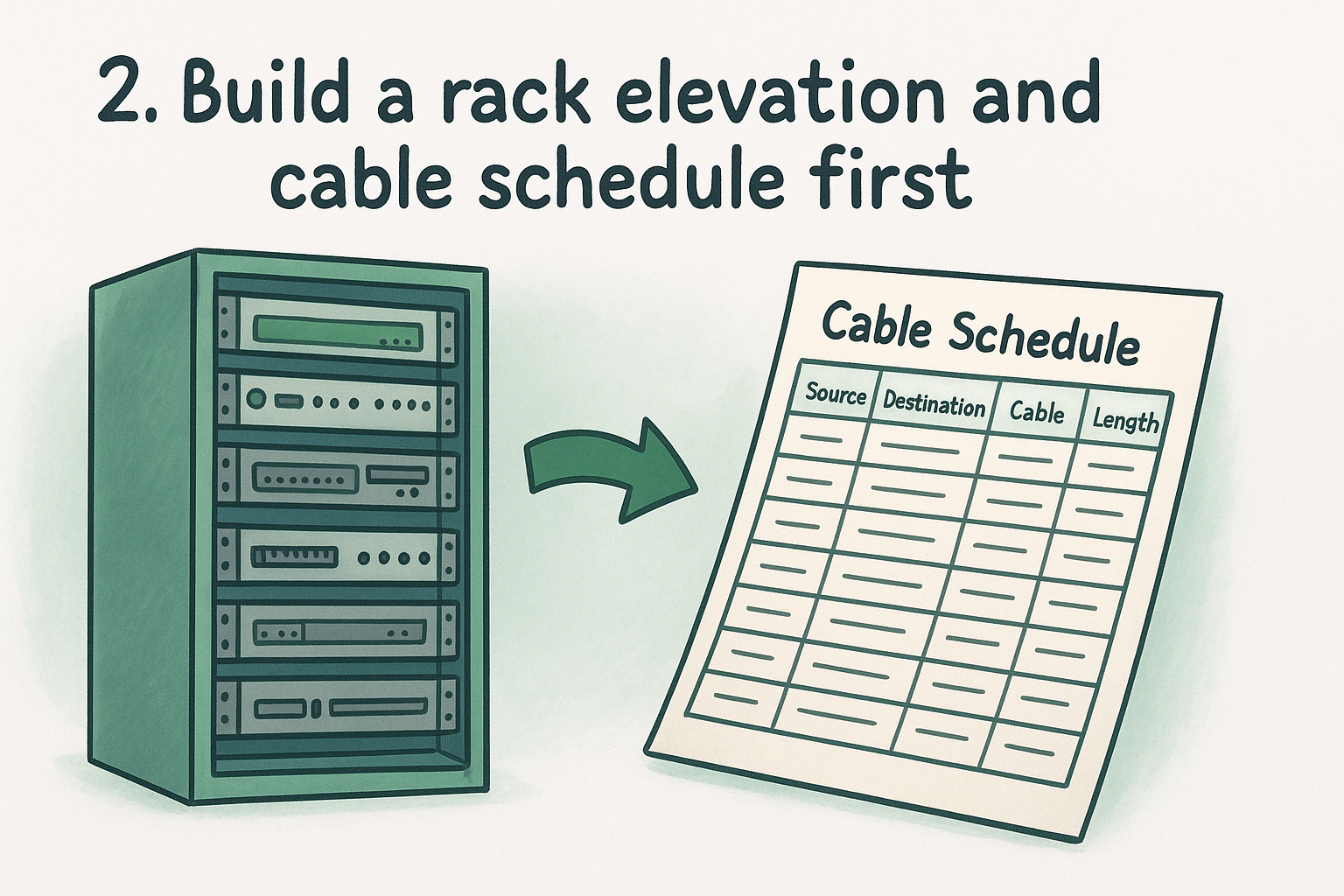 2. Build a rack elevation and cable schedule first