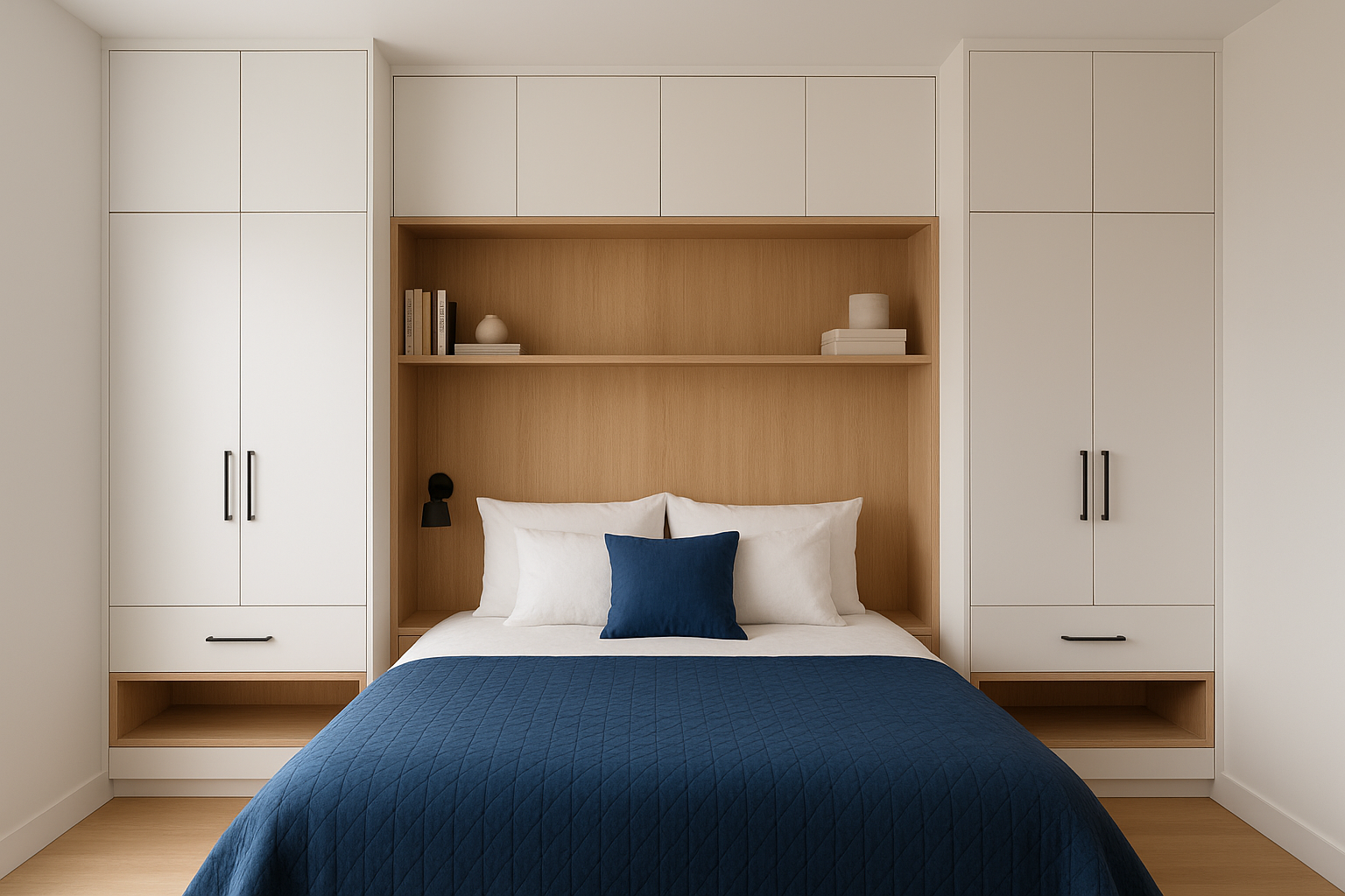 9. Create a bed wall with wardrobes and niches