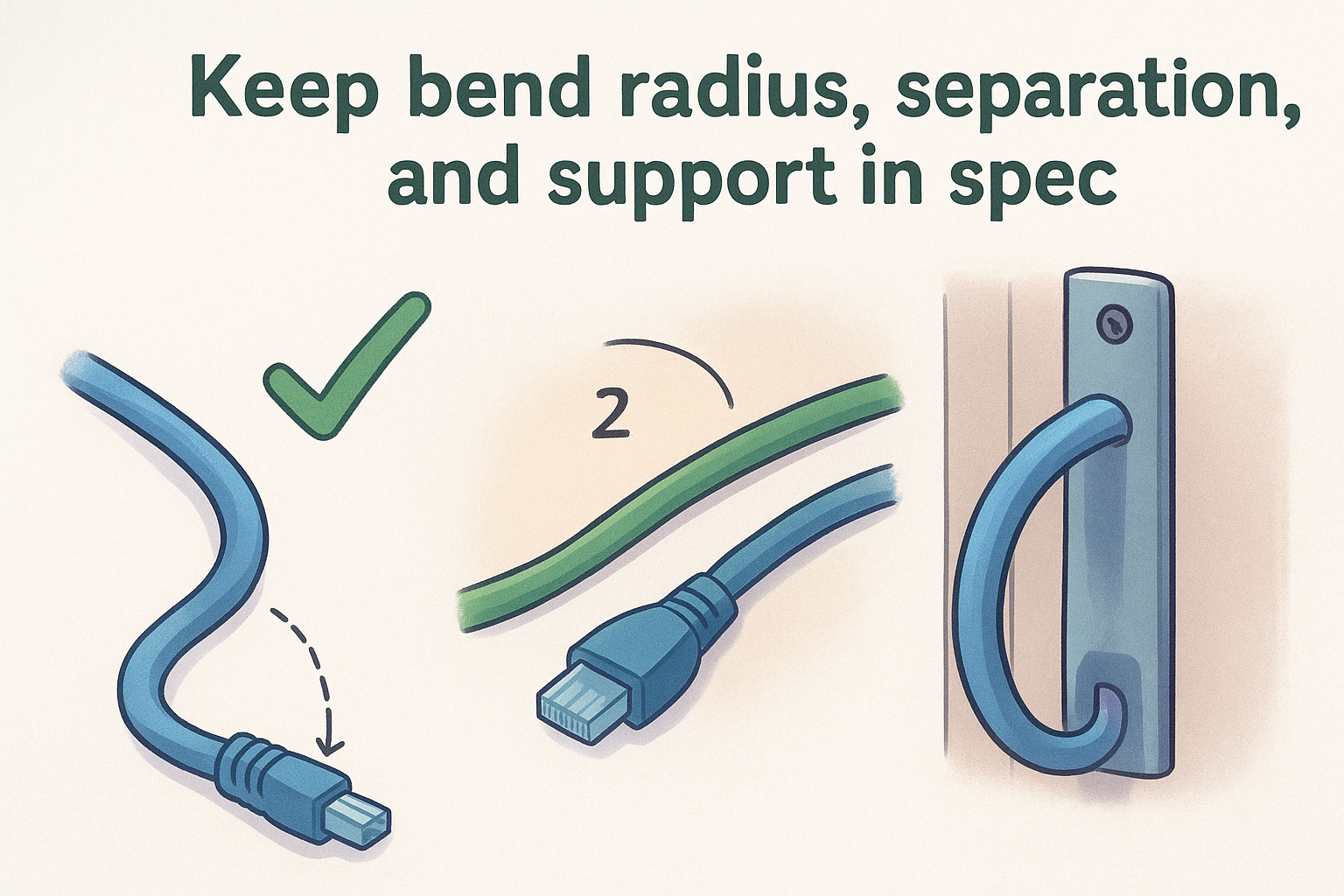 4. Keep bend radius, separation, and support in spec