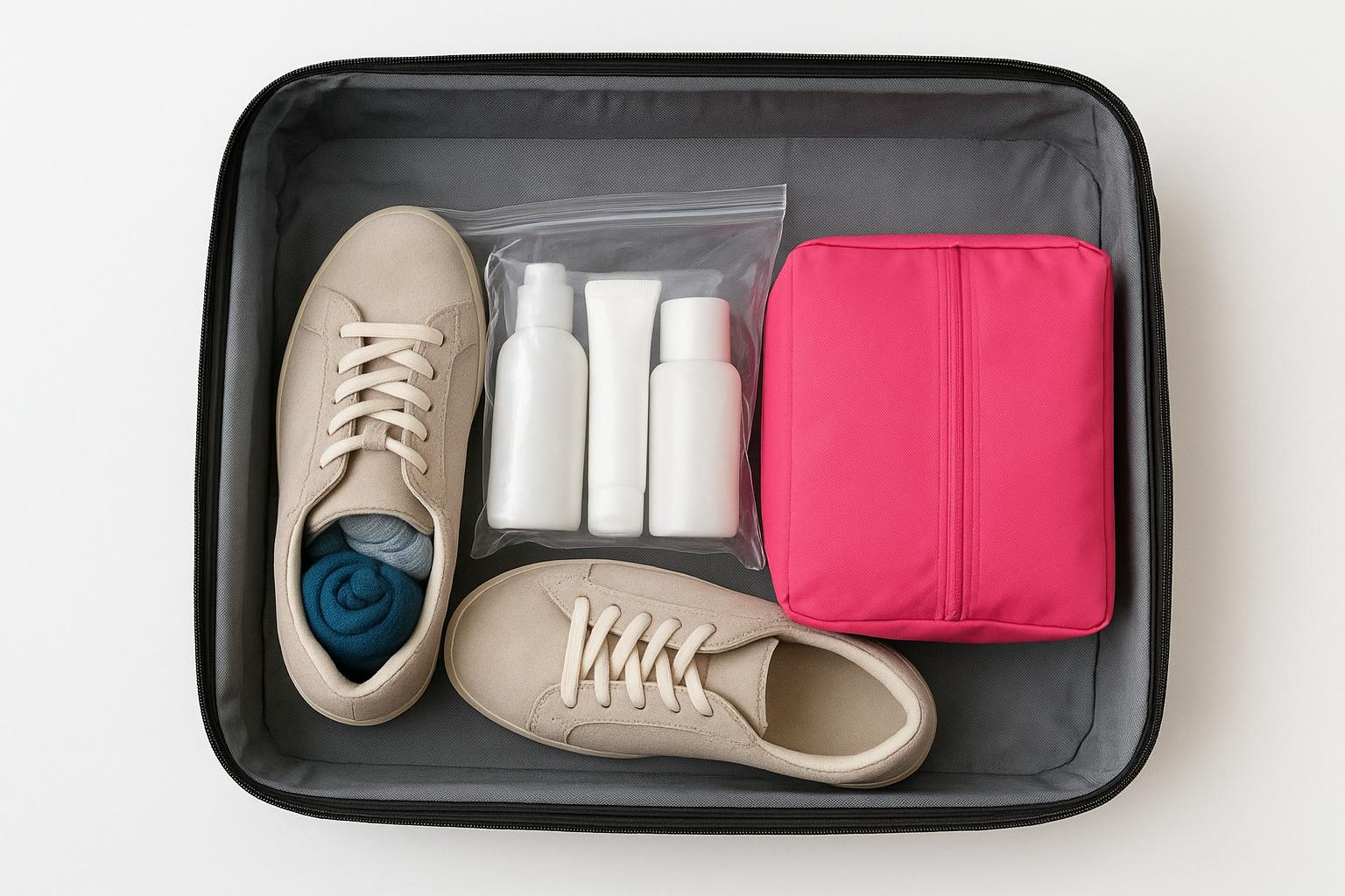 Place shoes and toiletries strategically