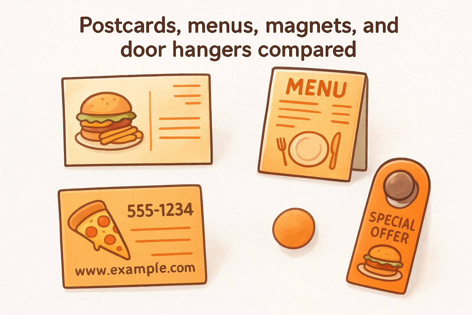 Postcards, menus, magnets, and door hangers compared