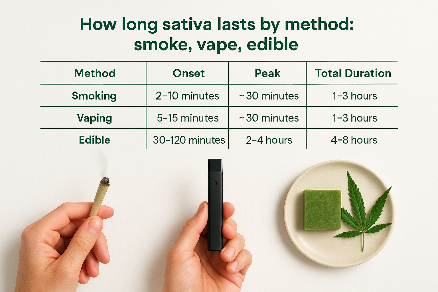 How long sativa lasts by method: smoke, vape, edible