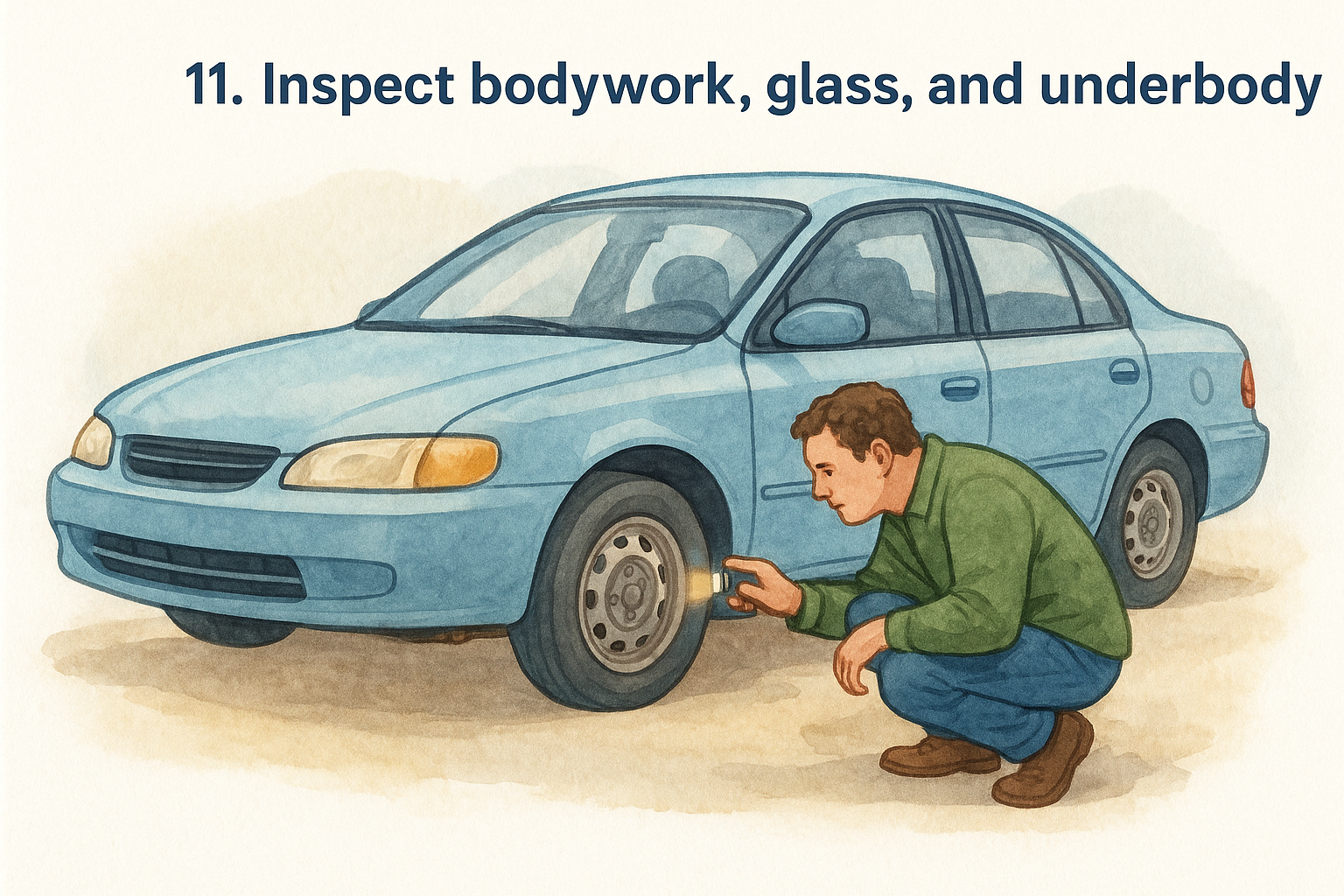 11. Inspect bodywork, glass, and underbody