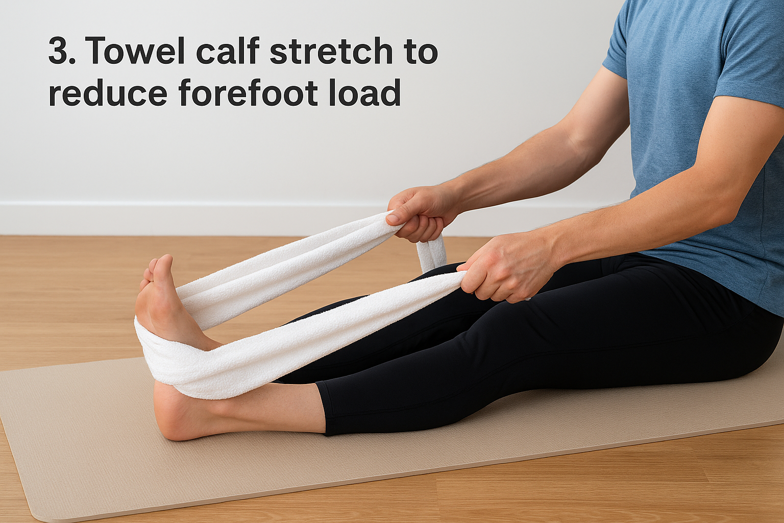 3. Towel calf stretch to reduce forefoot load
