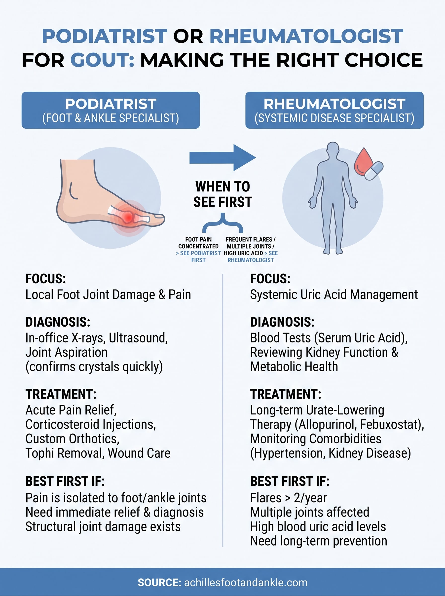 podiatrist or rheumatologist for gout infographic