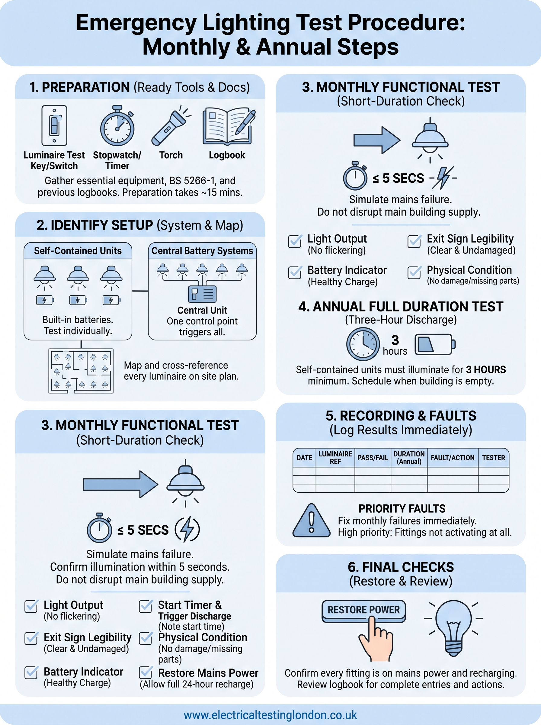 emergency lighting test procedure infographic