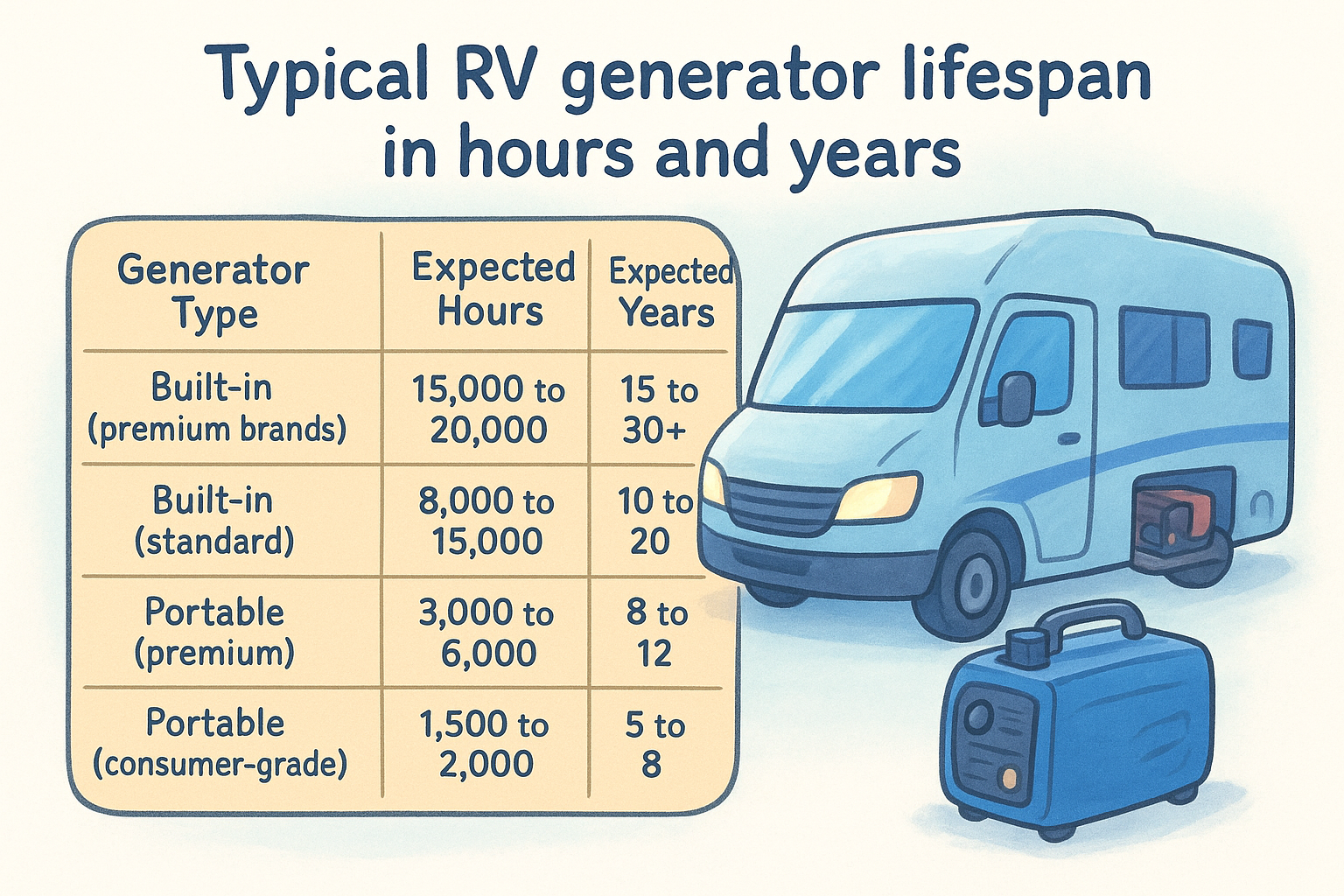 Typical RV generator lifespan in hours and years