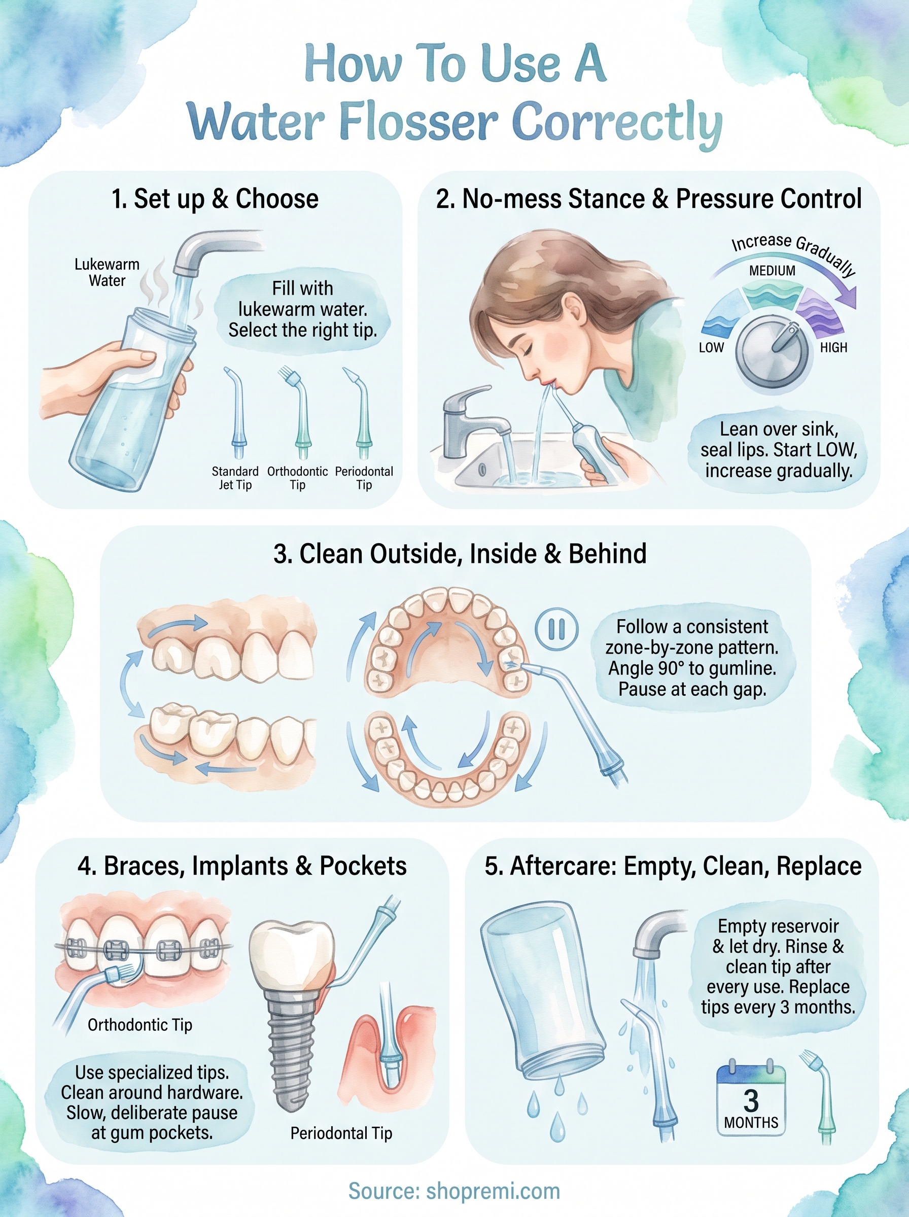 how to use a water flosser correctly infographic
