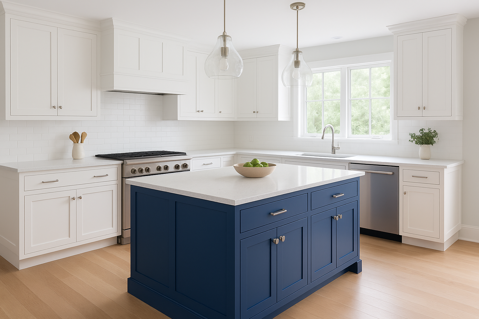 5. White Perimeter Cabinets With a Blue Island