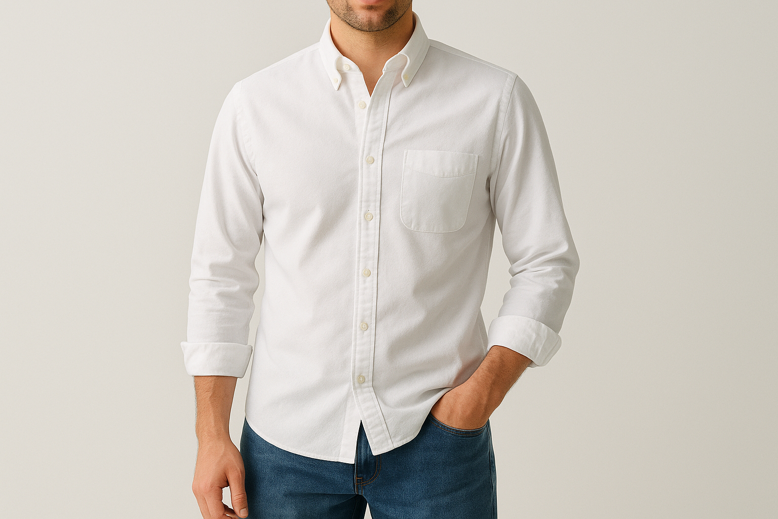 2. A white Oxford button-down shirt