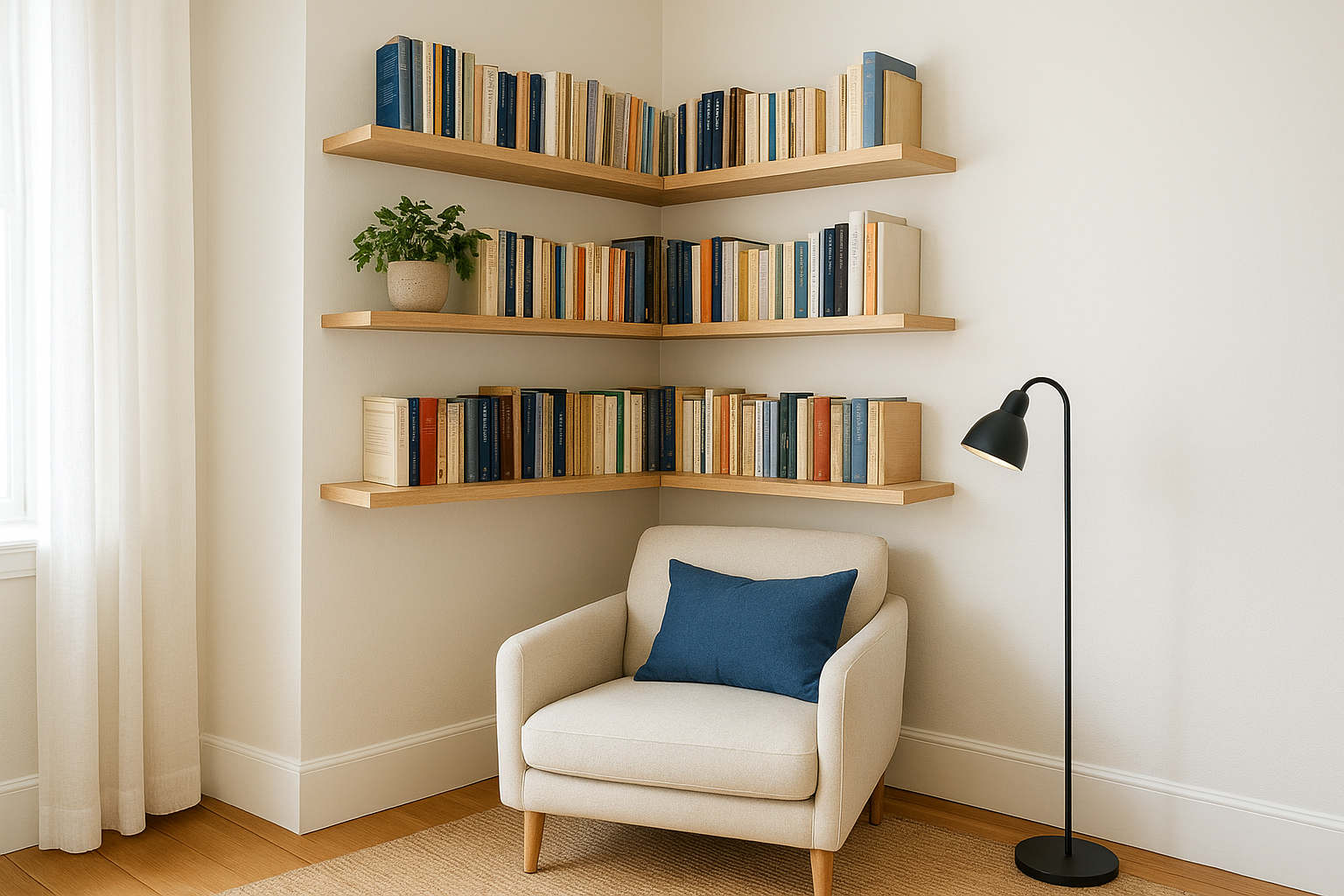 8. Wrap shelves into a corner reading nook