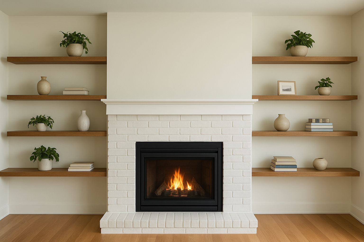 9. Frame a fireplace with floating shelves on both sides