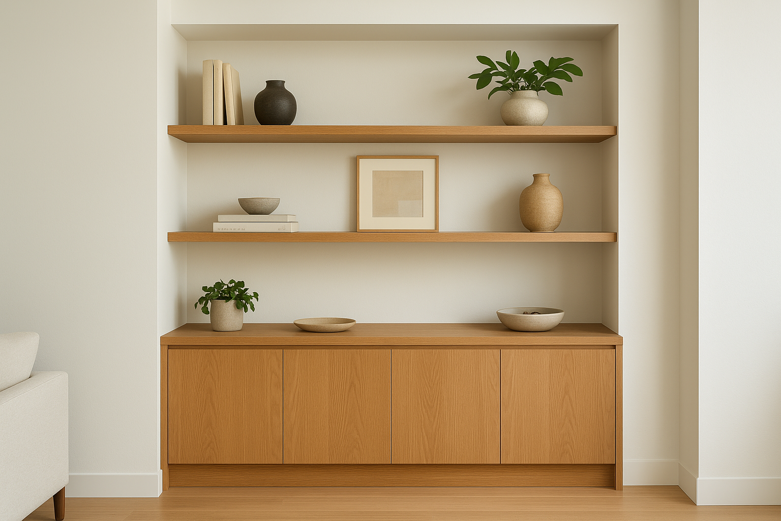 12. Mix open shelves with closed storage below