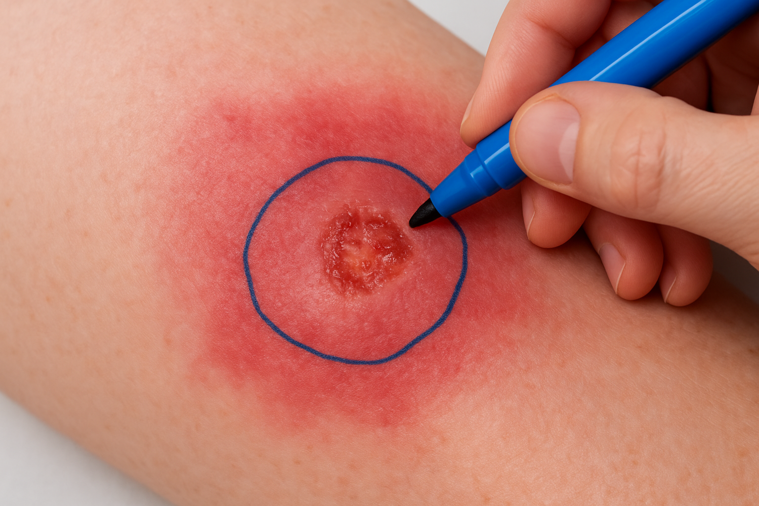 1. Redness spreads or worsens after day 2
