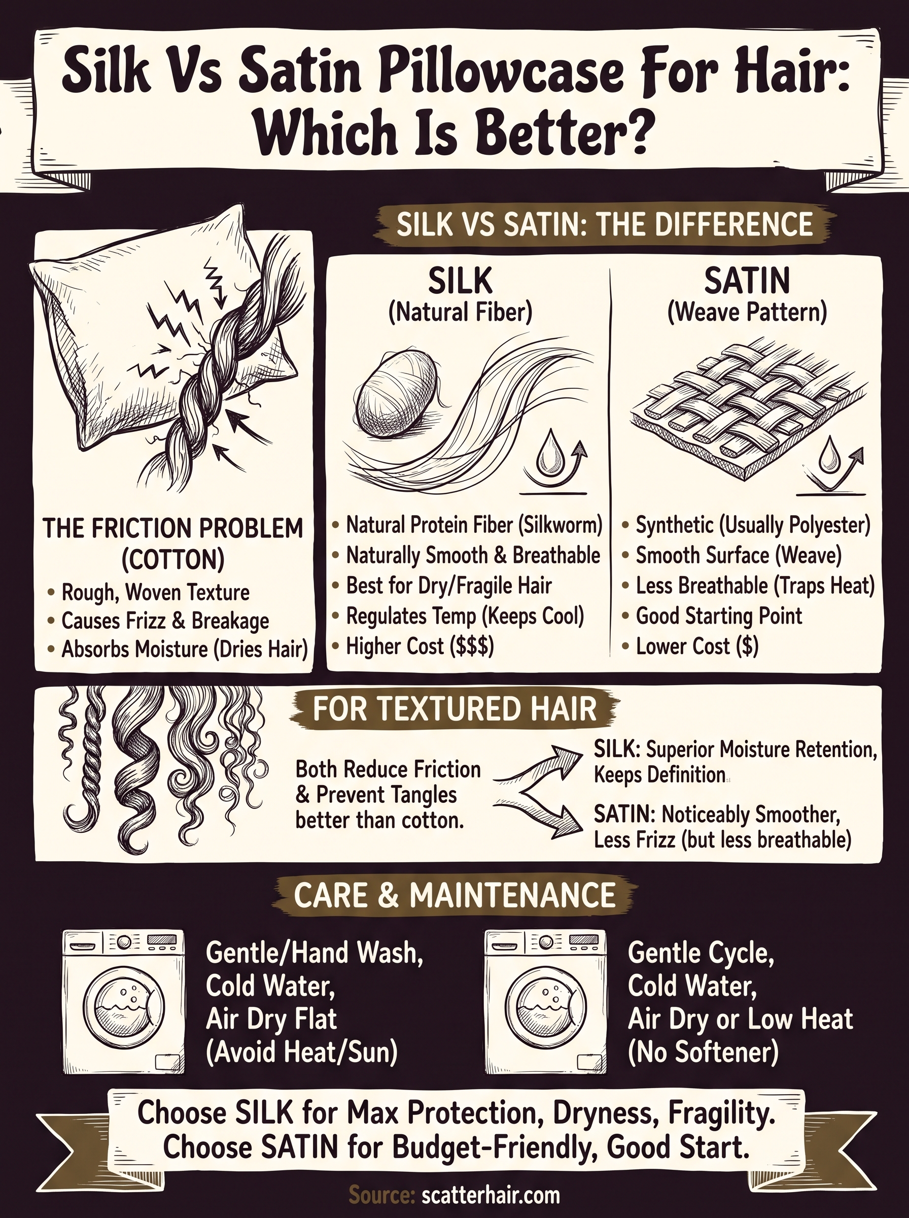 silk vs satin pillowcase for hair infographic
