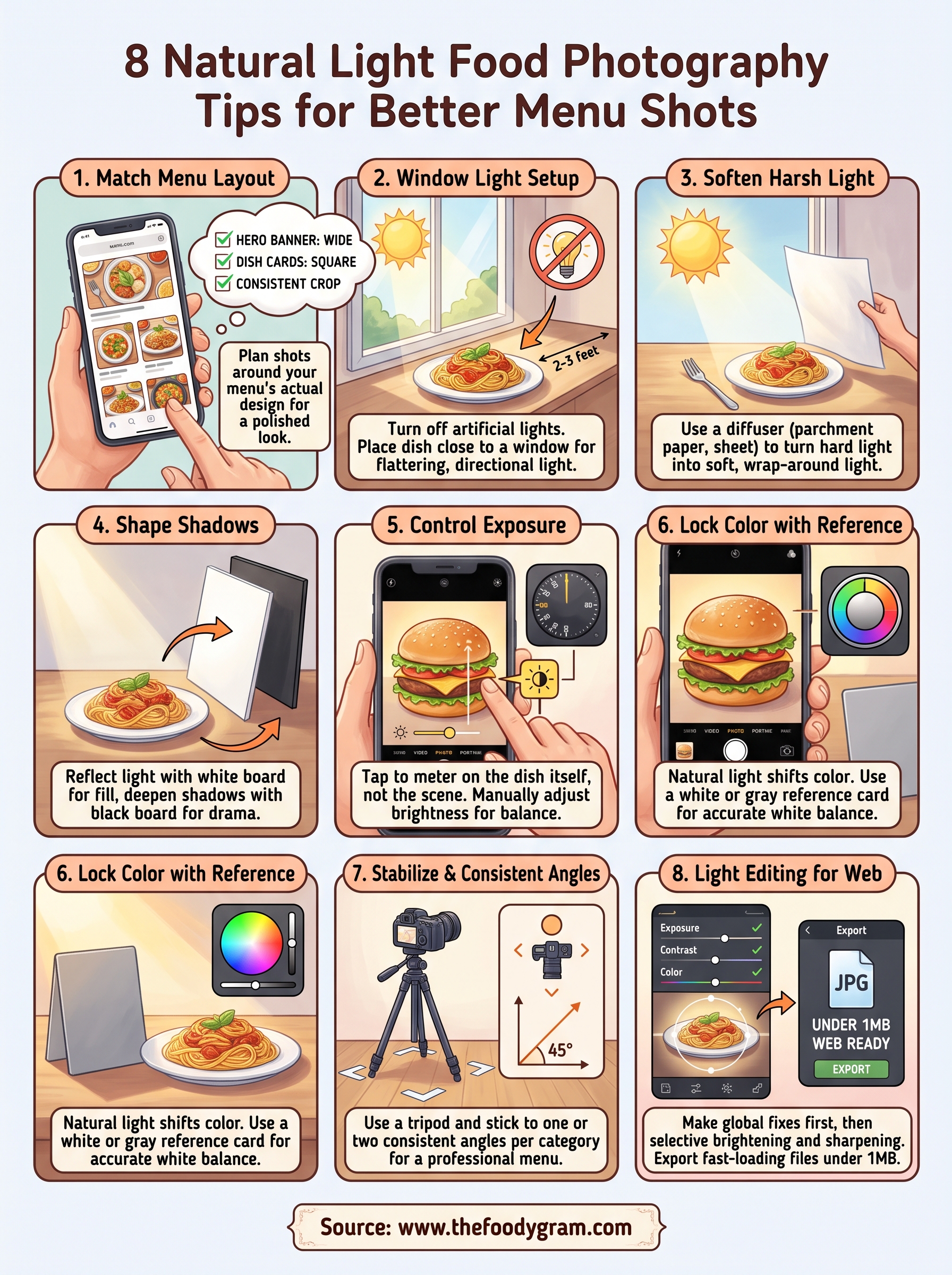 natural light food photography tips infographic