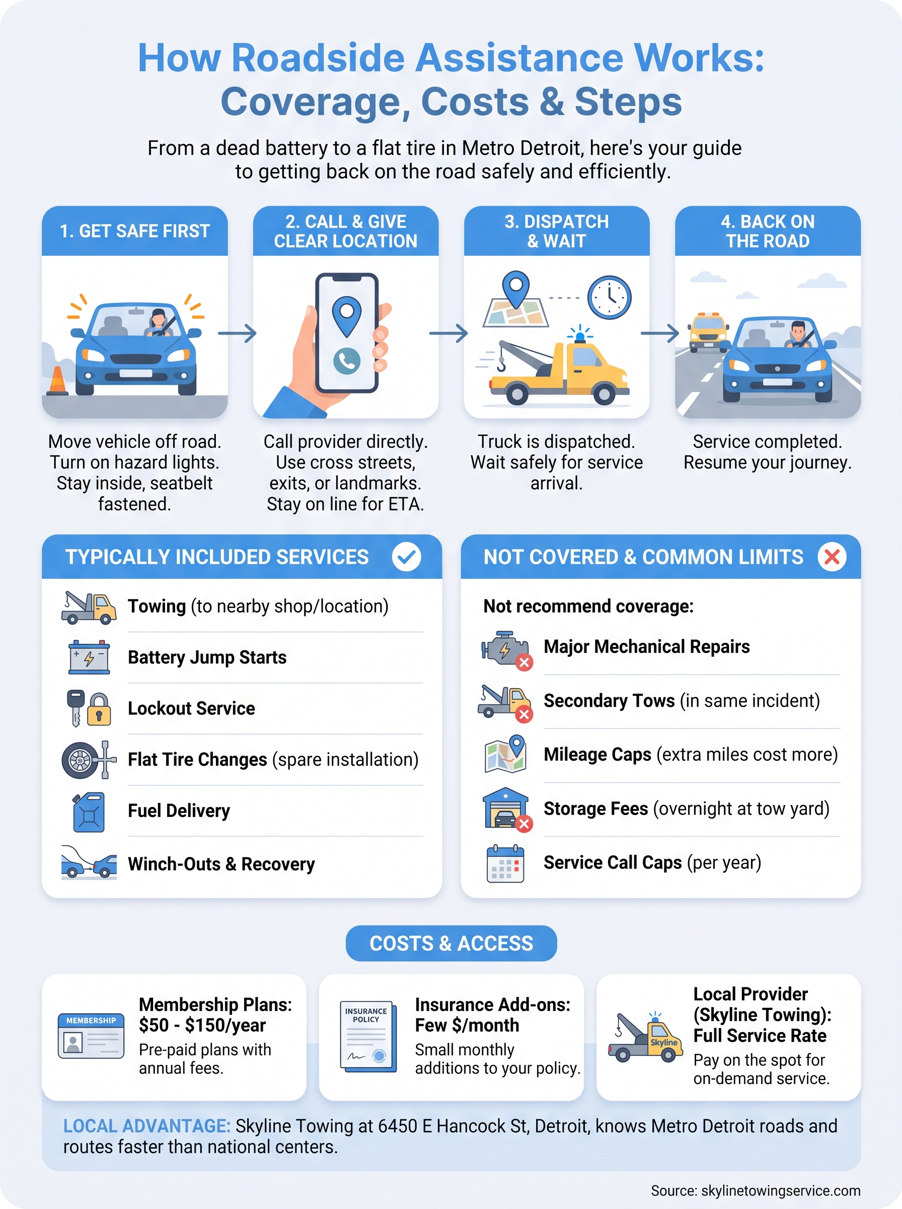 How Roadside Assistance Works: Coverage, Costs & Steps how roadside assistance works infographic