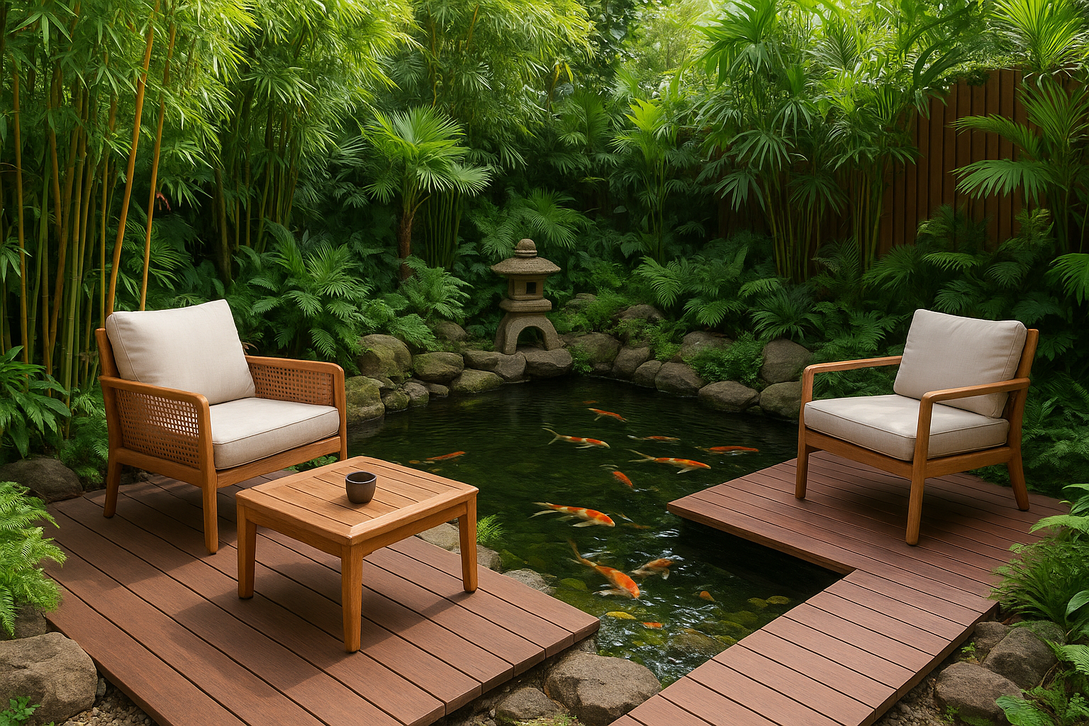 1. Tropical zen lounge with a koi pond feature