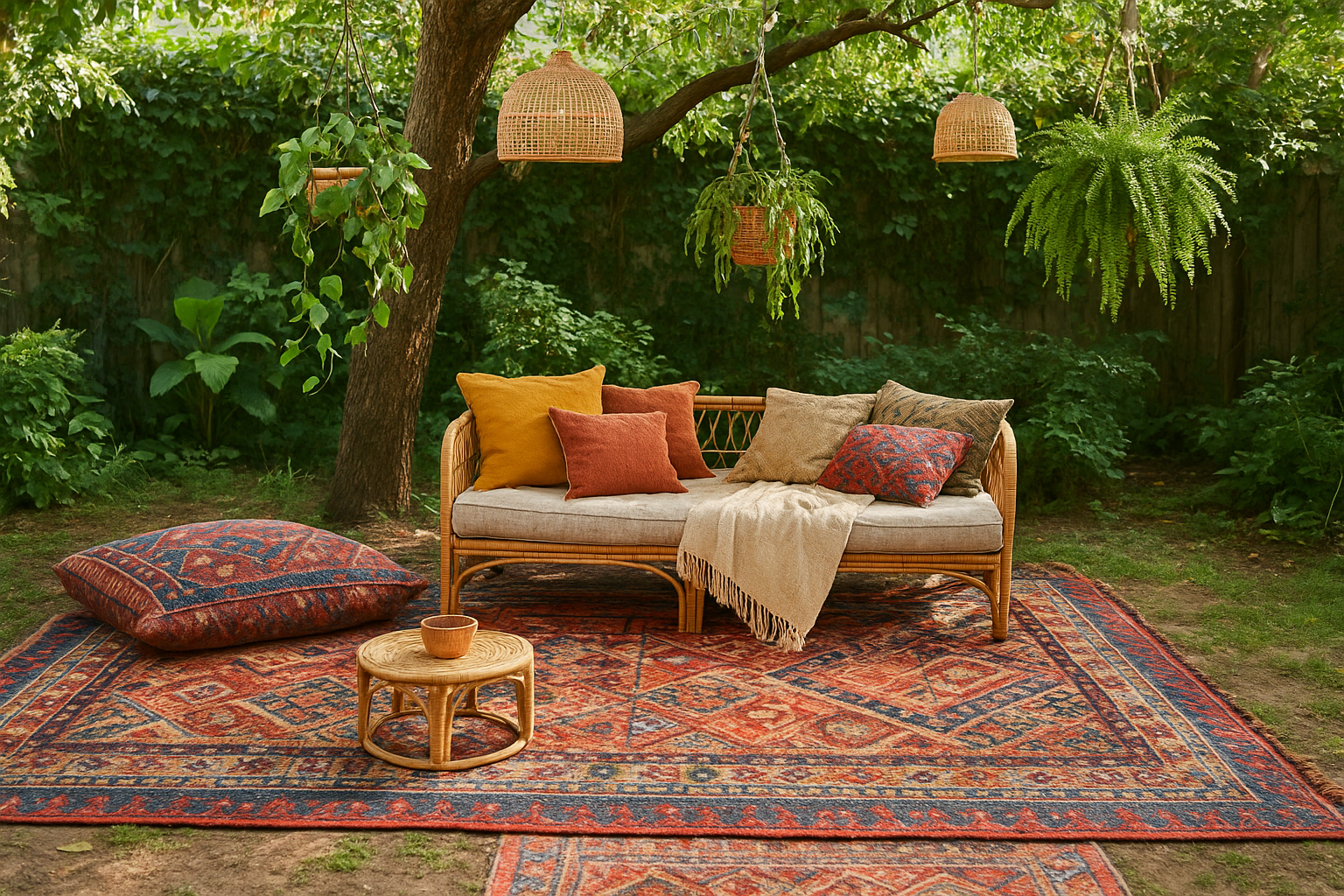 6. Bohemian garden lounge with layered textiles