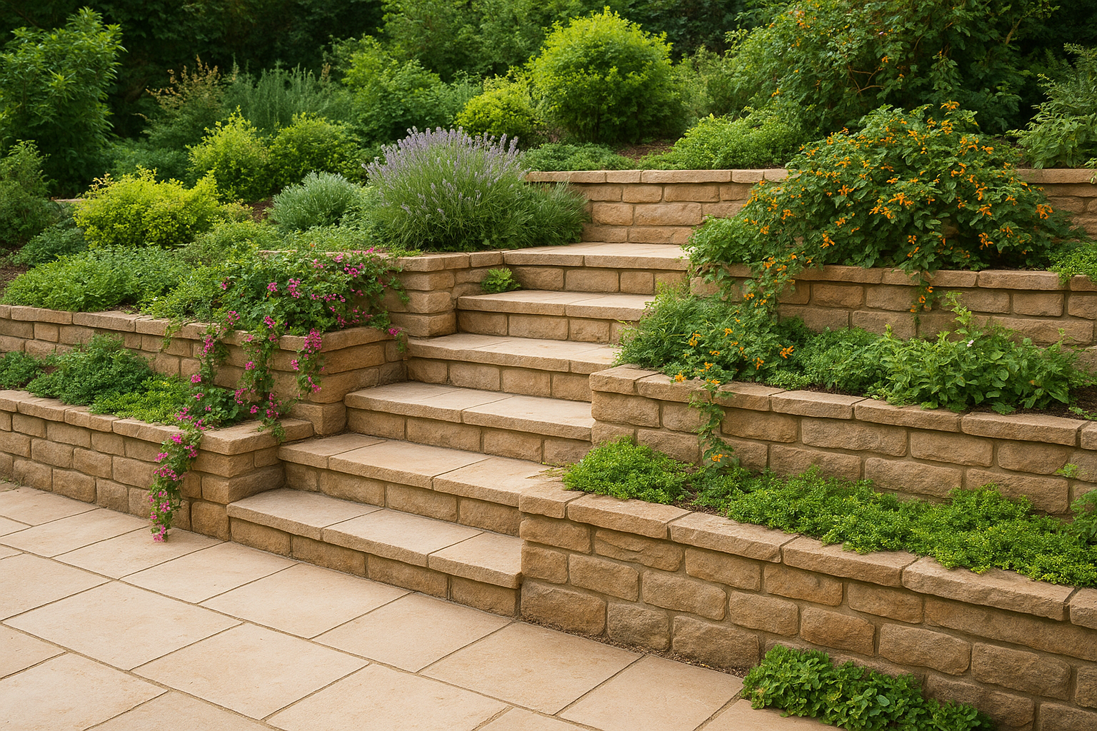 6. Tiered paving with planting for depth and greenery